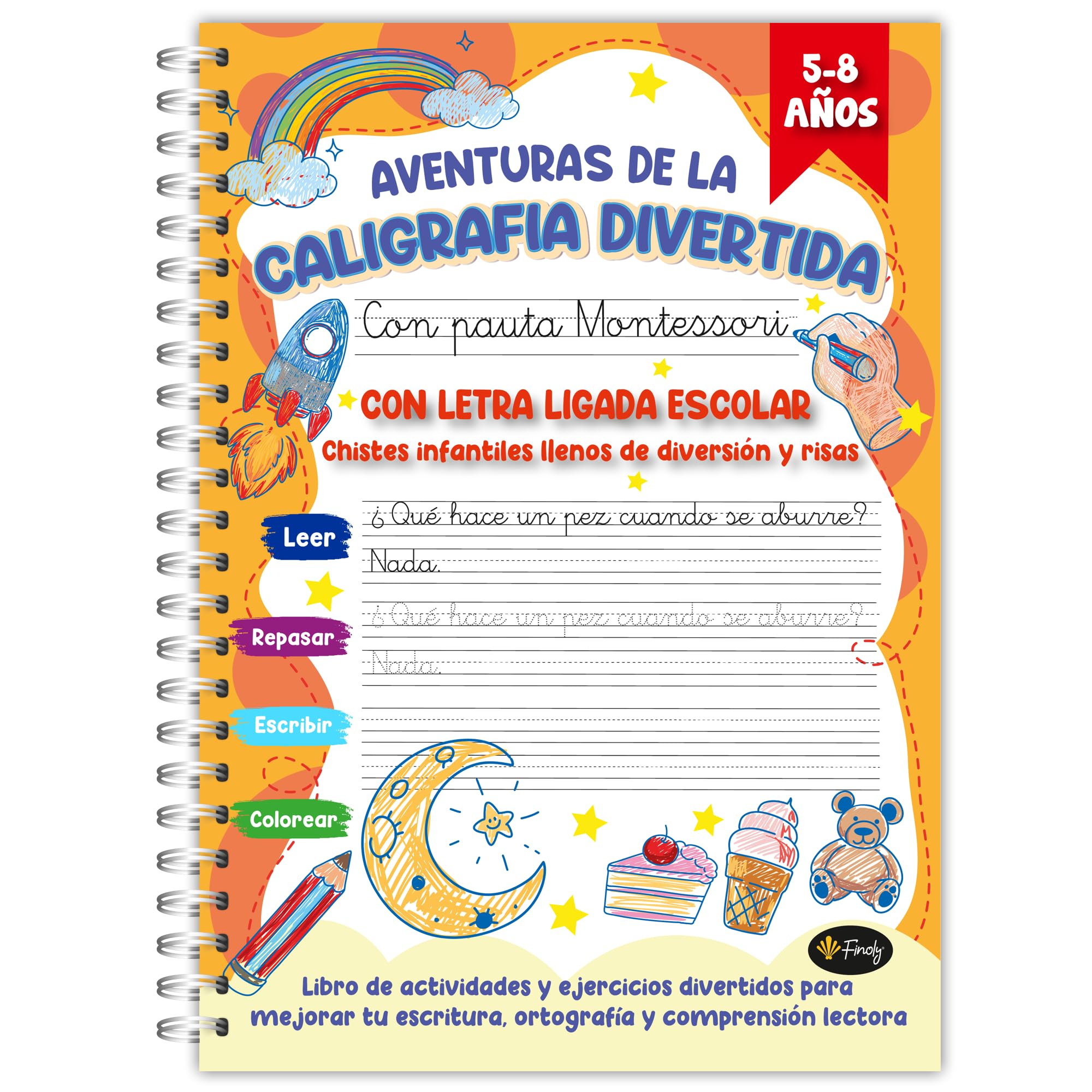 Finoly Cuaderno Caligrafía Divertida con Pauta Montessori -Niños 5 a 8 años- Cuaderno Caligrafía Infantil - Libro Caligrafía Letra Ligada Escolar para Mejorar Escritura Compresión Lectora y Ortografía