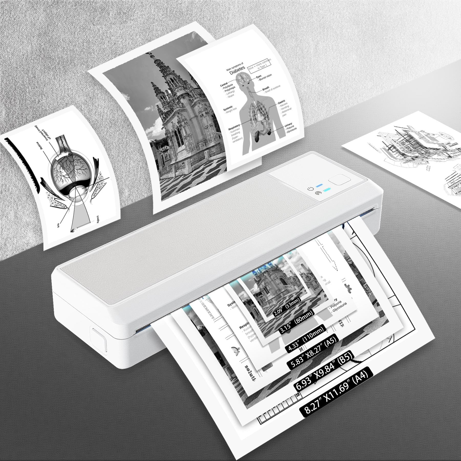 vretti P83 printer demonstrating various paper sizes it can print, including A4, B5, A5, and smaller custom sizes.