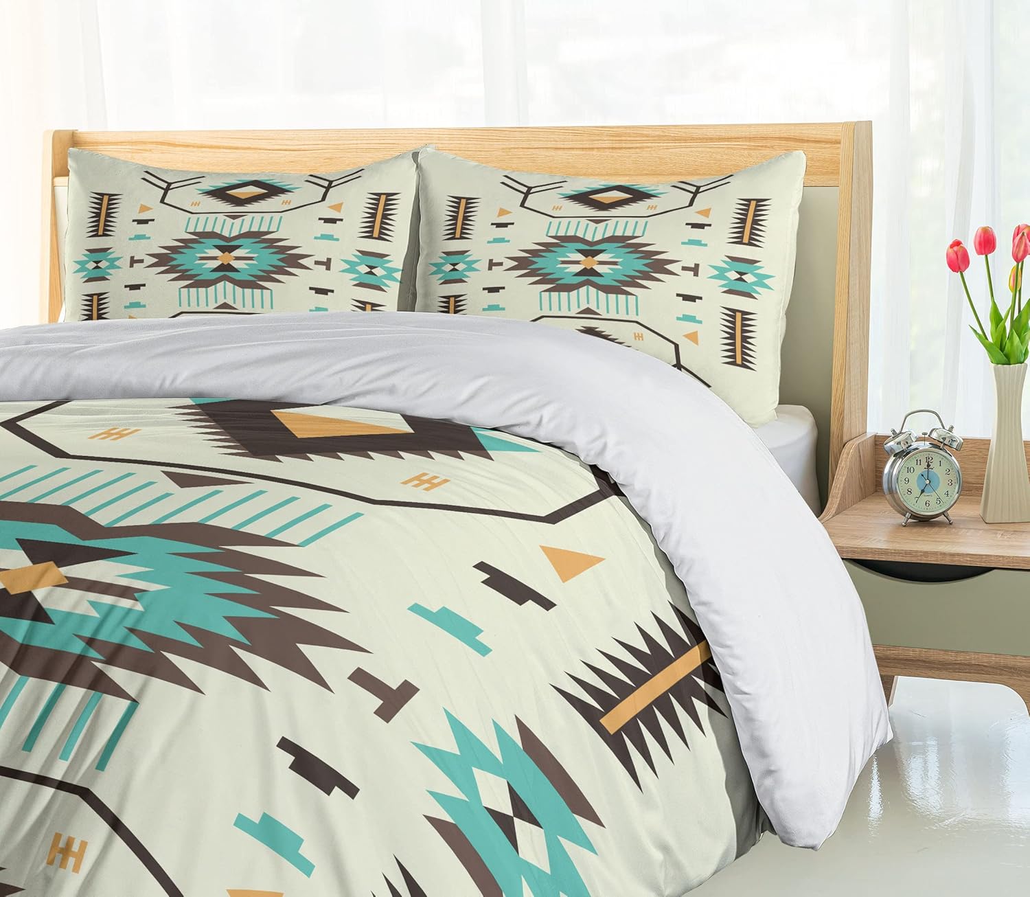 Ambesonne Southwestern Duvet Cover Set, Ethnic Illustration of a Zigzags Design Triangular Iconic Art Motifs, Decorative 2 Piece Bedding Set with 1 Pillow Sham, Twin Size, Pale Yellow