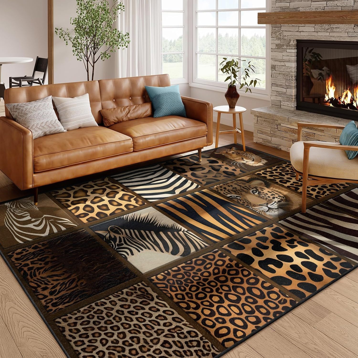 Bycmuoz Brown Leopard Print Area Rug for Bedroom, 60x110cm, Zebra Animal Pattern Carpet, Soft Washable Non Shed Rug, Foldable Low Pile Floor Mat for Living Room Kitchen