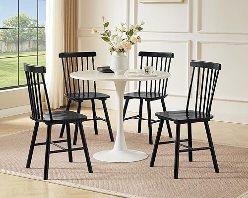 PrimeZone Windsor - Juego de 4 sillas de comedor de madera maciza de goma con respaldo de husillo, silla de comedor lateral moderna de mediados de