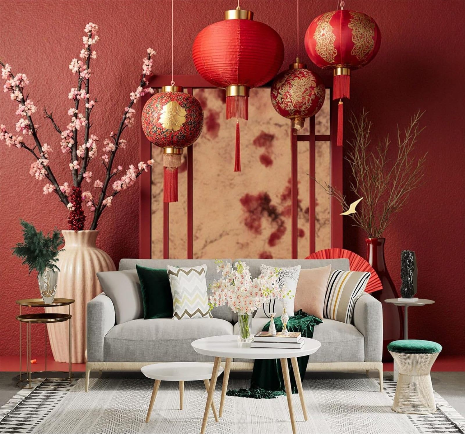 XLMING Three Dimensional Beautiful Cherry Blossoms Red Lanterns Vase 3D Wallpaper Premium Textured Silk Study Dining Living Room Bedroom Sofa TV Wall Easy Install-150cm×105cm