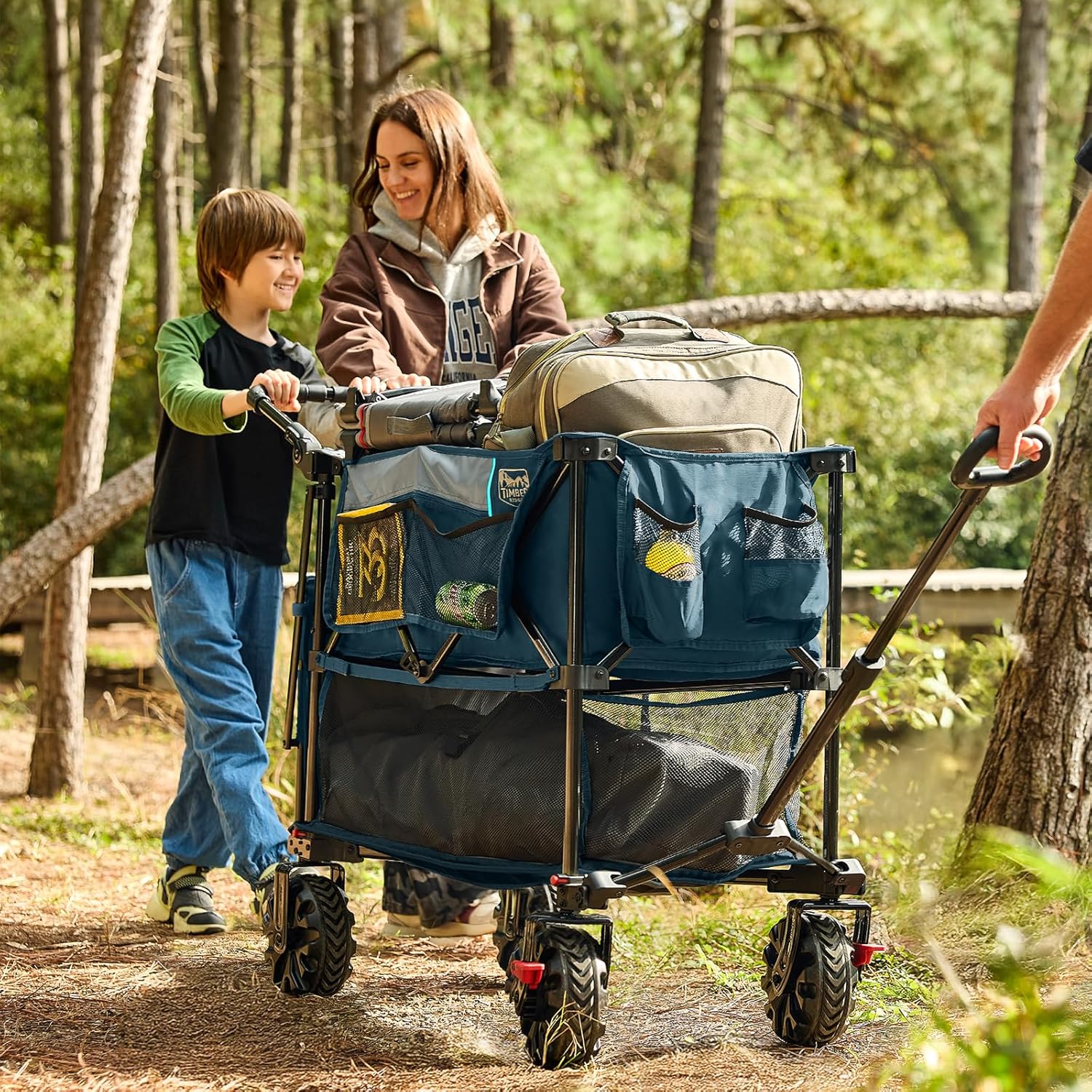TIMBER RIDGE Push & Pull Double Decker Wagon, 400L Large Capacity Heavy Duty & 450lb Load, Collapsible Cart with All-Terrain Wheels & Brakes, 54” Extended Foldable for Sports, Beach, Camping, Blue
