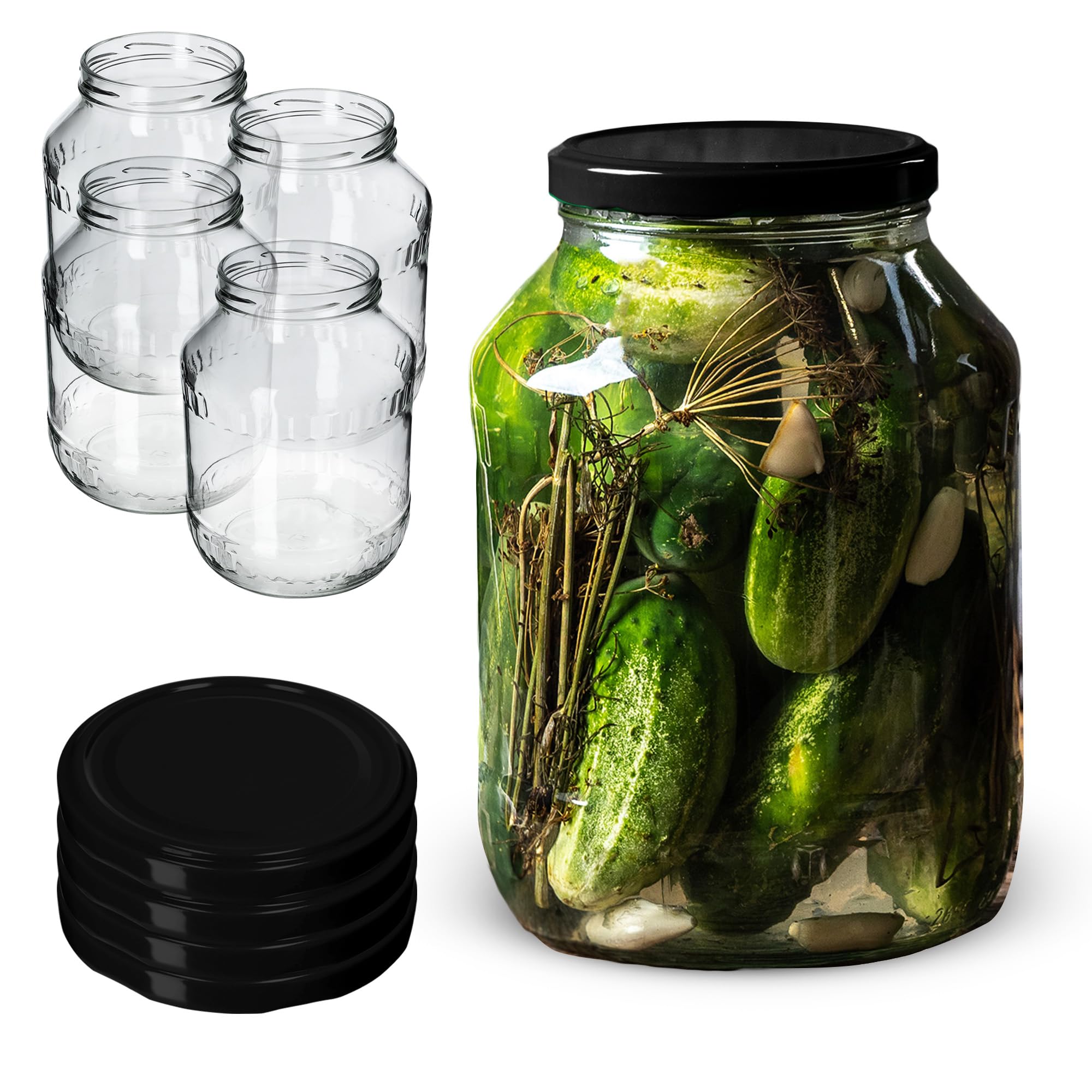 KADAX 4er Set Einmachgläser 2,5L mit TO100 Schraubdeckel, Einmachglas zum Einlegen, Konservengläser, Sturzglas, Vorratsglas, große Gurkenglas, Konservenglas (Schwarz Deckel)