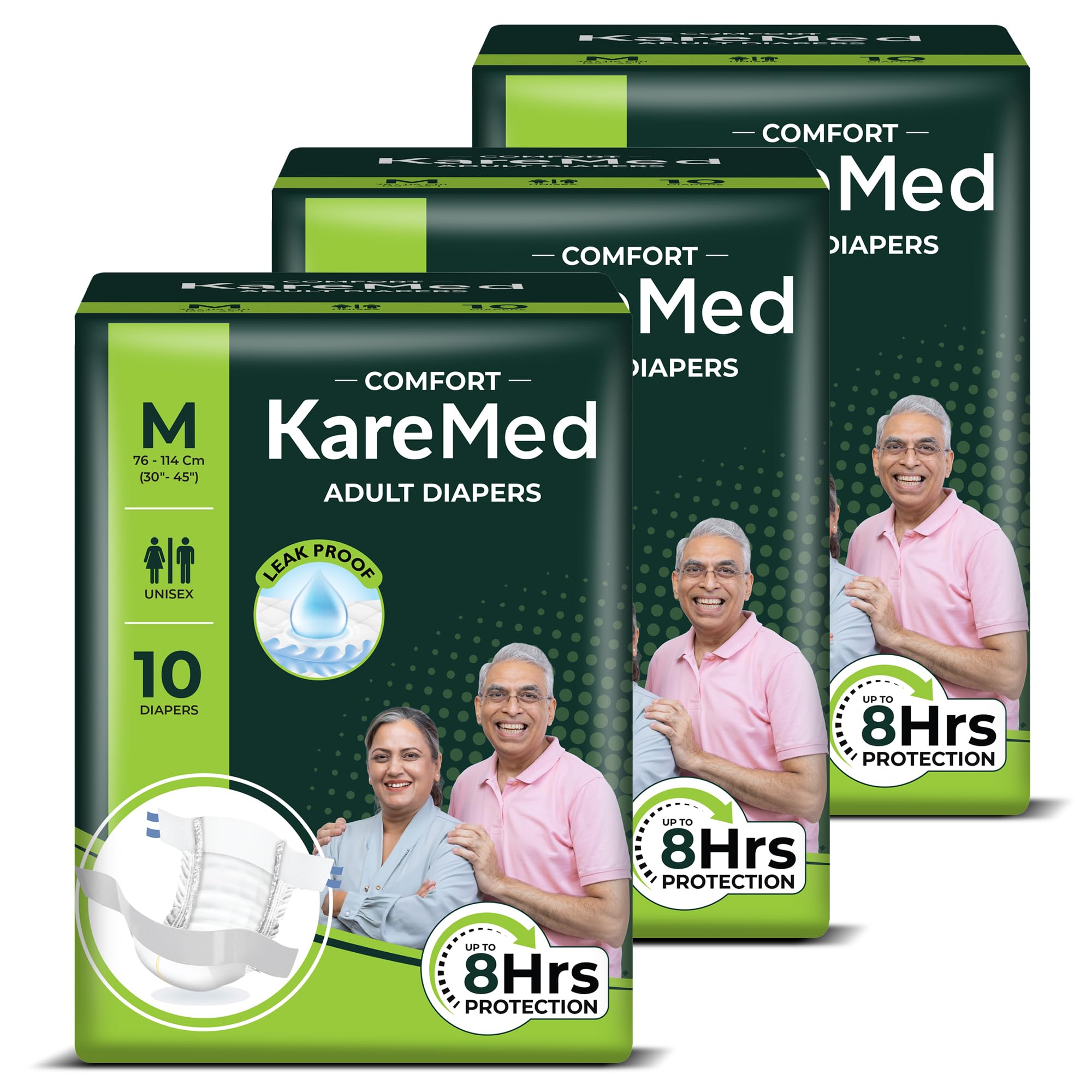 KareMed Comfort Adult Diapers, Medium, Waist Size 76-114 Cm (30"-45"), Tape Style, Unisex, High Absorbency, Leak Proof, Wetness Indicator, Pack of 3, 30 Count