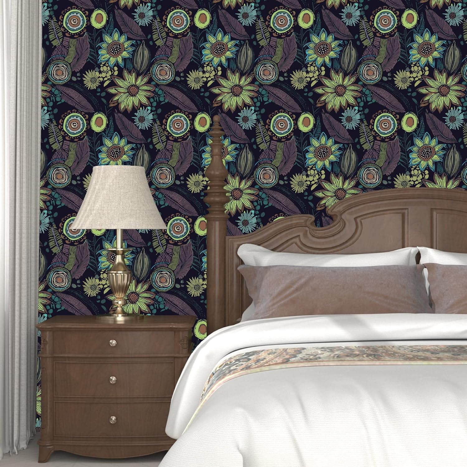 Vintage Boho Wallpaper Peel and Stick, Dark Purple/Green Gothic Floral Contact Paper 17.5" x 399.7", Retro Flower Bohemia Wall Paper Self Adhesive Removable Waterproof for Shelves Cabinet Table Drawer