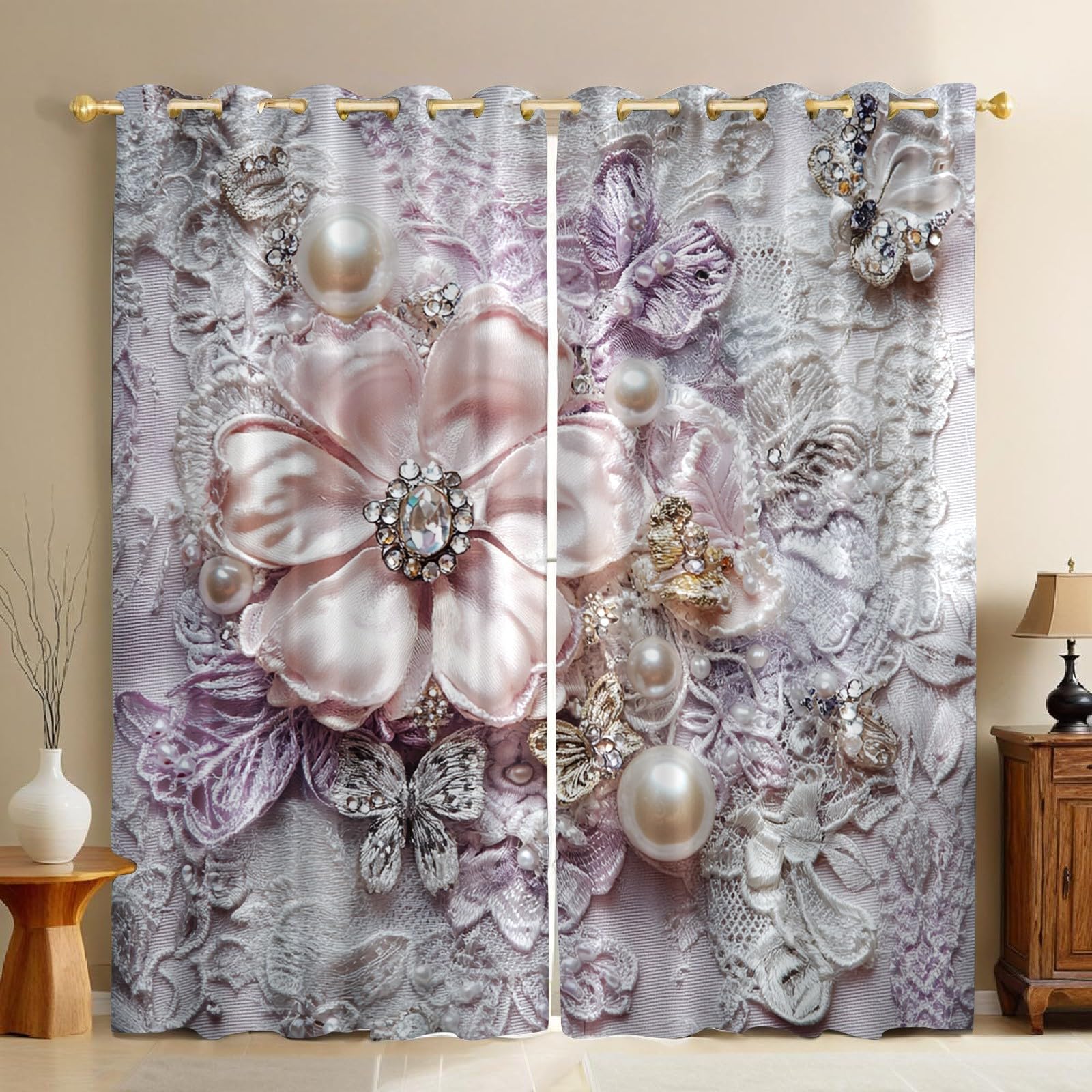 Rideaux occultants pour chambre d'enfant au motif poétique de fleurs et bijoux roses de 160 cm