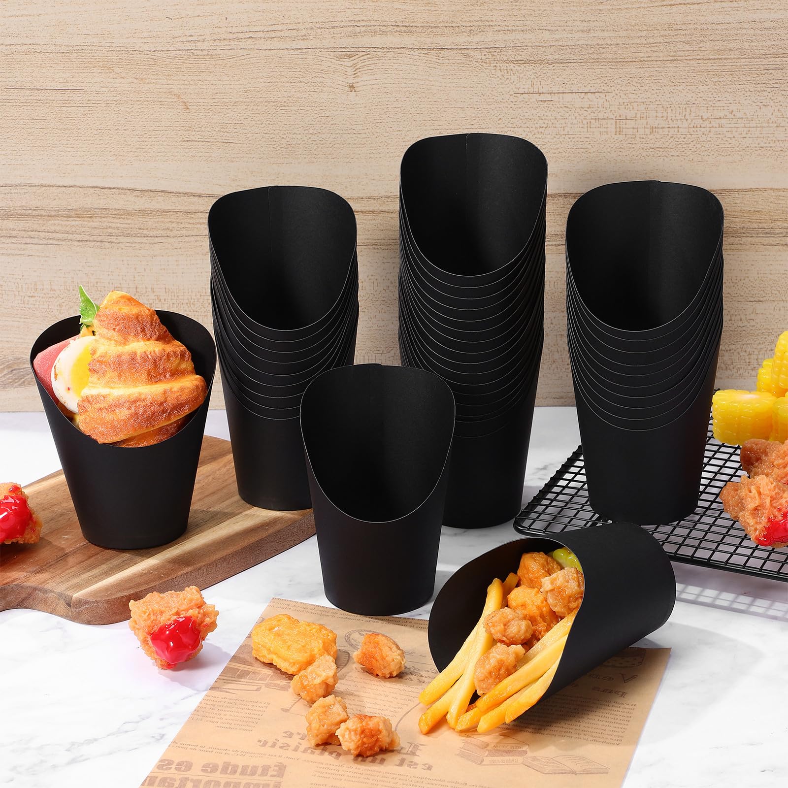NUOBESTY 100 Pcs Tasses en Papier Noires 14oz à Ouverture Inclinée pour Frites et Snacks, Usage Facile et Pratique, pour Restaurants et Événements