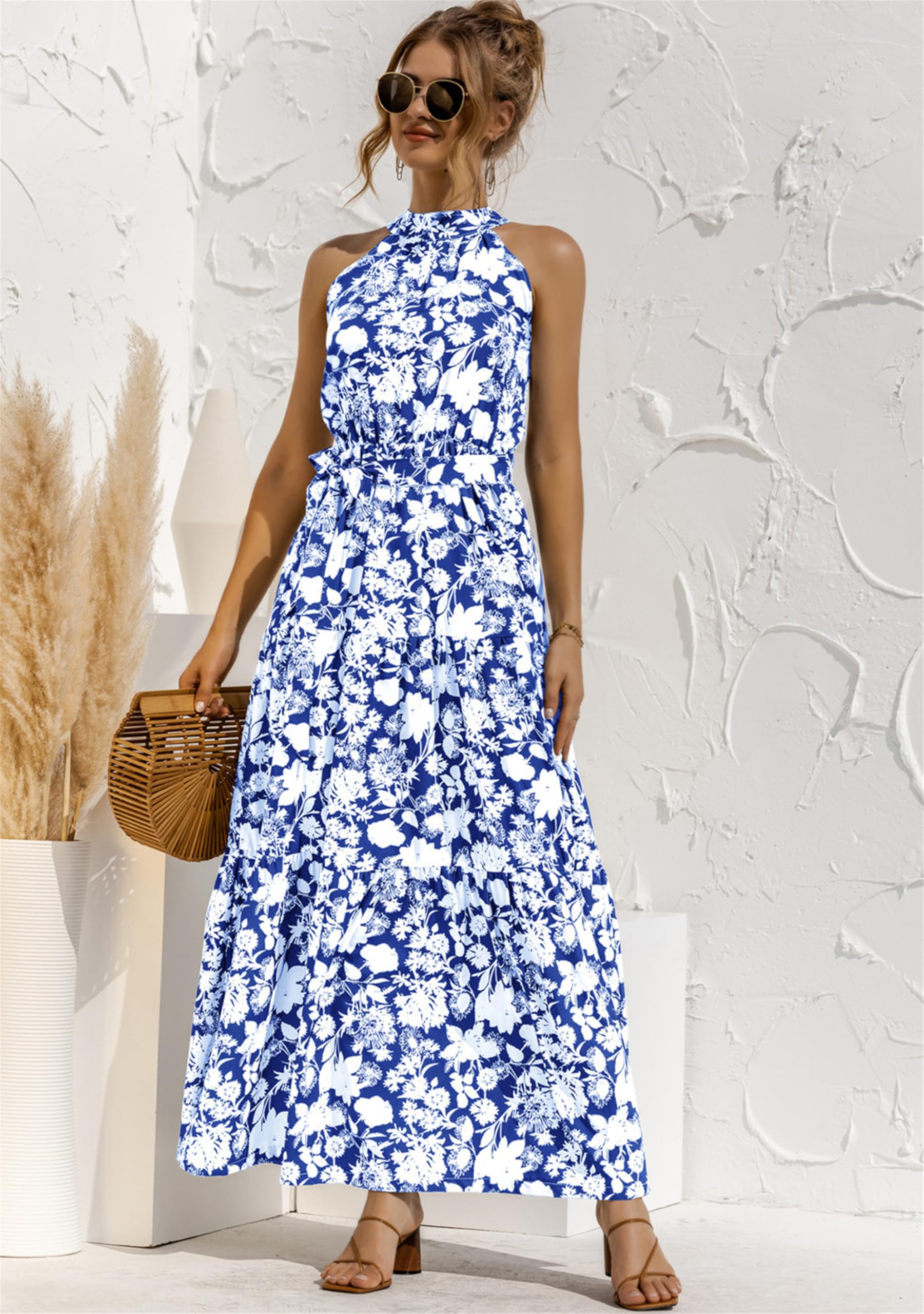 Donne Boho Floreale Fluente Abiti Cocktail Sera Abito Spiaggia Vacanza Nozze Abiti All'Aamericana Collo Maxi Dress
