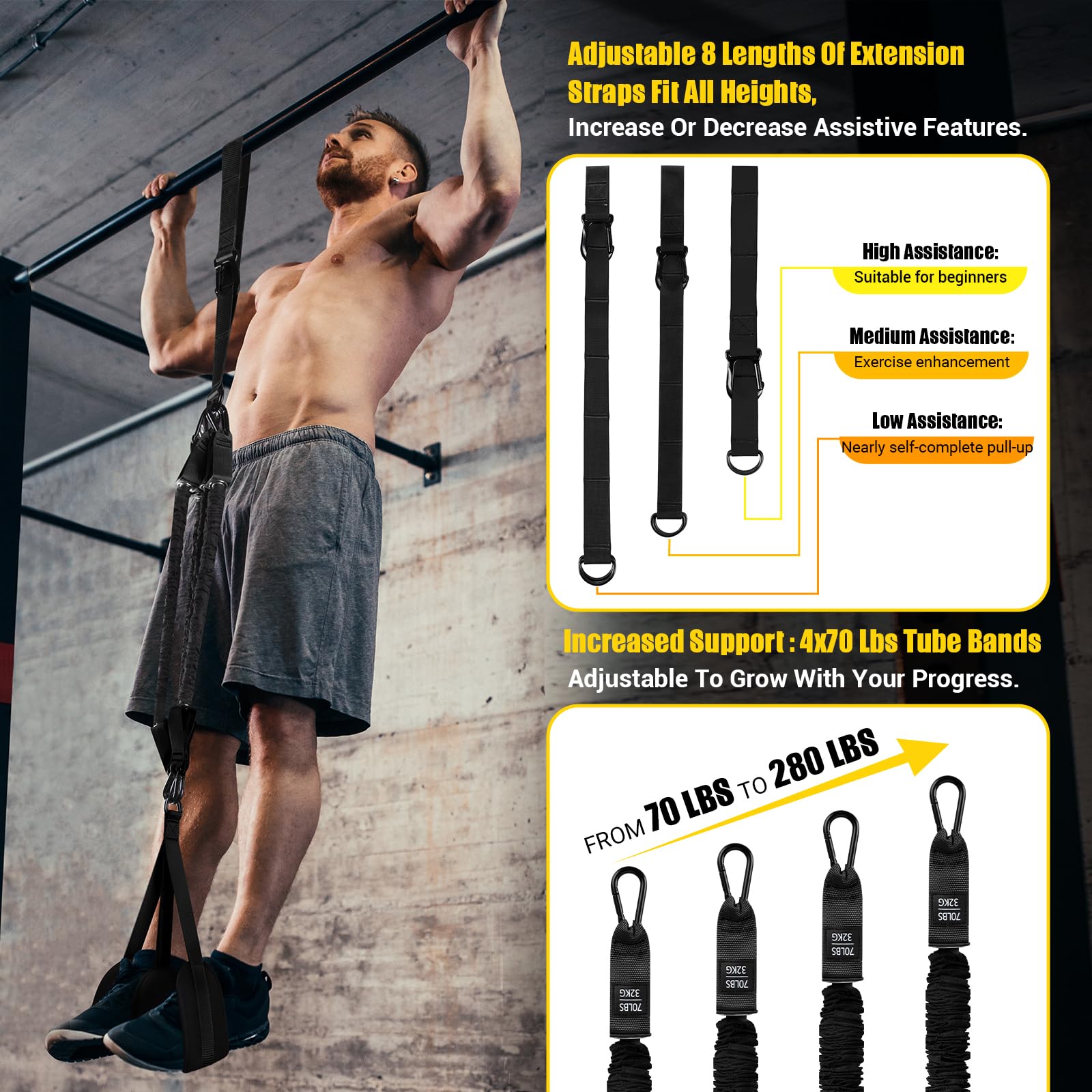 Bande Di Resistenza Per Trazioni - Set Di 3 Bande Elastiche Heavy-Duty Per Allenarsi A Casa O In Palestra, Regolabili In Altezza