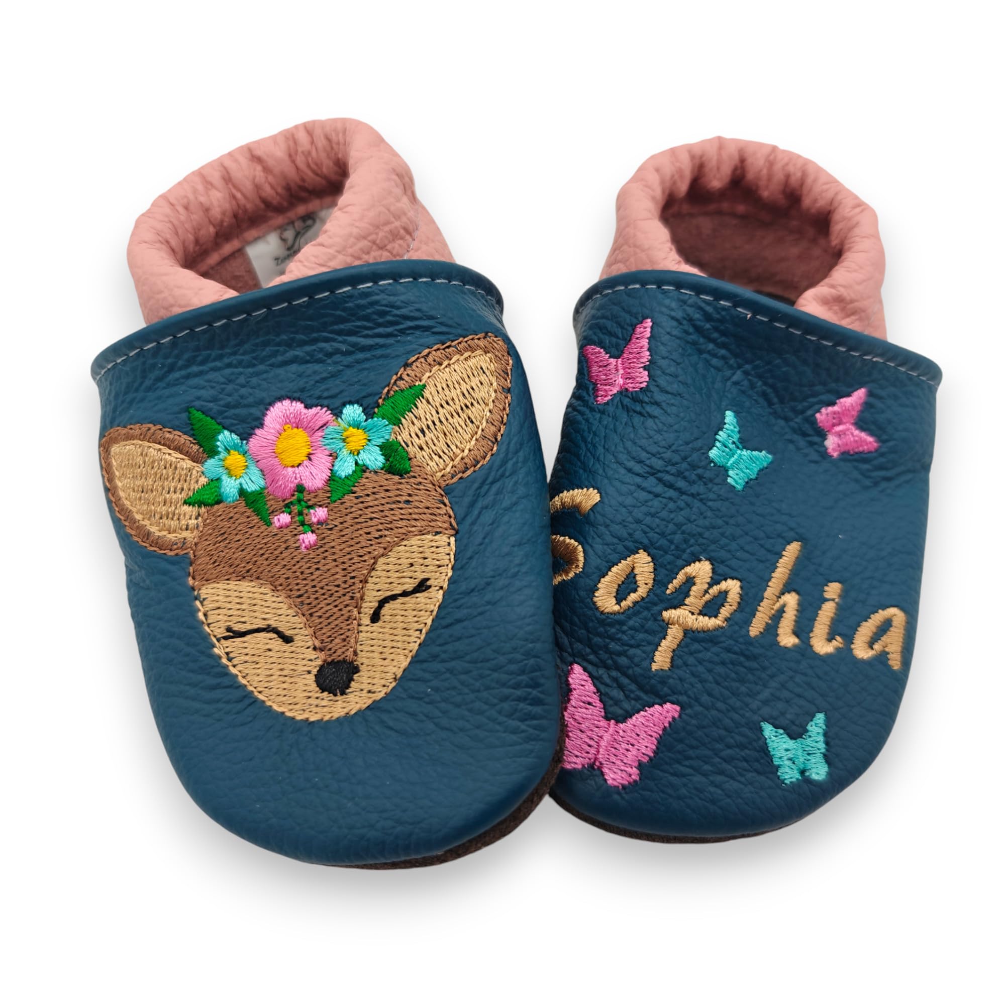 ZwergenUnikate Krabbelschuhe - Handgefertigte Lederpuschen für Babys und Kleinkinder personalisiert mit Namen - Weiches Leder, ideal für erste Schritte - für Mädchen (Rehkopf)