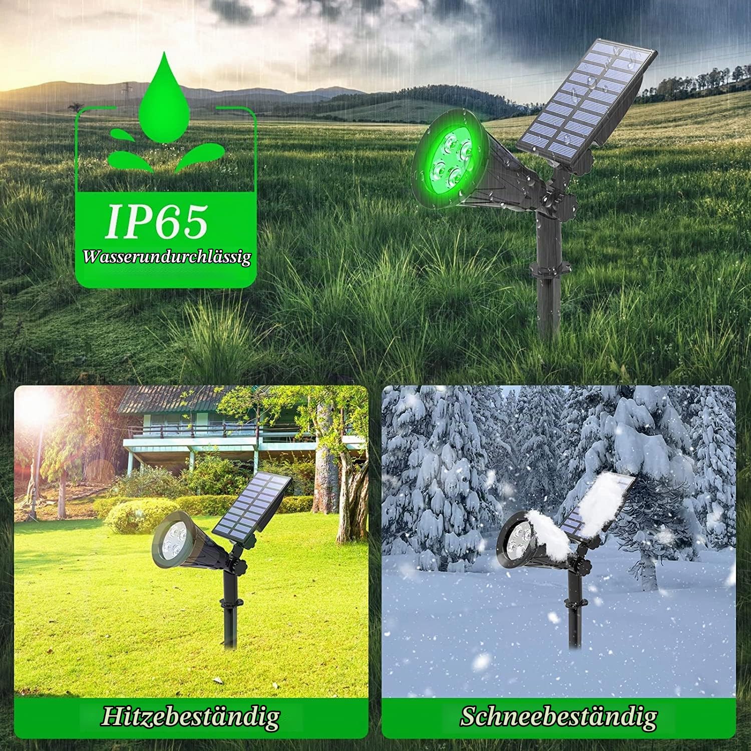 T-SUN Grün Solarlampen für Außen 4 Stück, 4 LED Helle Gartenstrahler mit 2 Modi, IP65 Wasserdicht Solar Strahler, Baumbeleuchtung Aussen, Dusk to Dawn Solarleuchten für Hof Garage Weg Outdoor Pflanzen