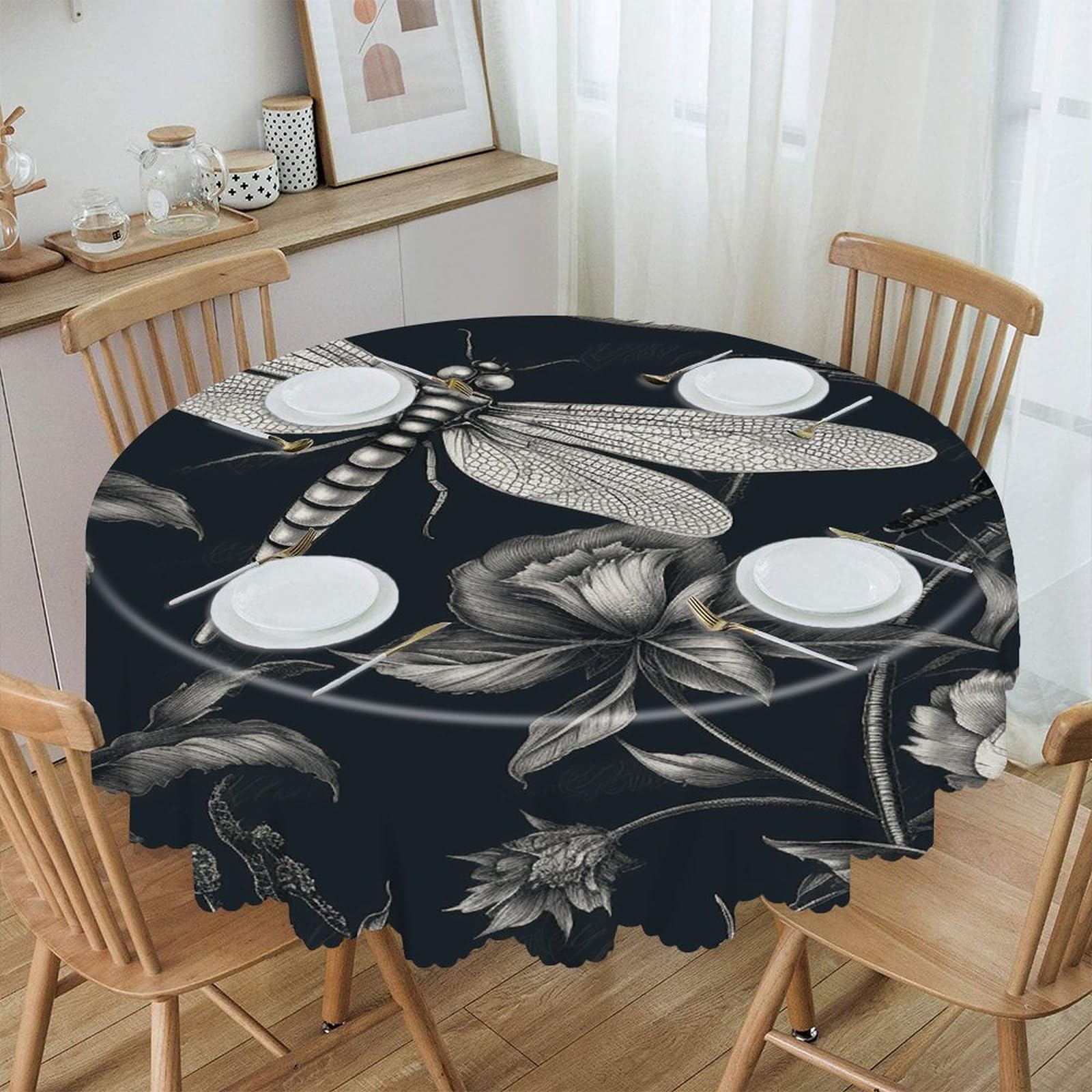 VstaDank Black Flowers and Dragonfly Round Tablecloth Wipeable Round Polyester Tablecloth Waterproof Wrinkle Free Indoor and Outdoor Table Cover 60 Inch Decorative Farmhouse Table Cloth for Dining