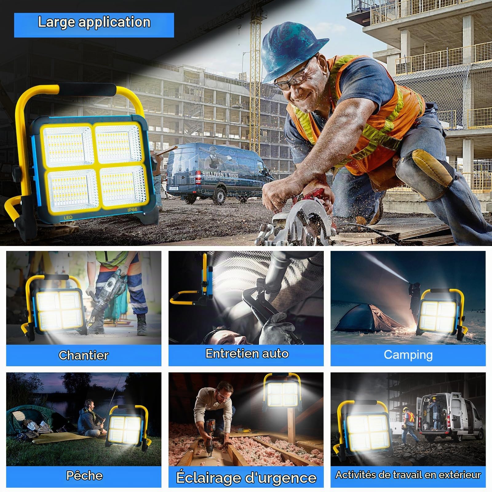 100W Projecteur LED Rechargeable,Projecteur Chantier Rechargeable avec Support et Batterie 16500mAh, Type-C et Solaire Rechargeable, 4 Modes d'éclairage pour Camping, Travail, Pêche