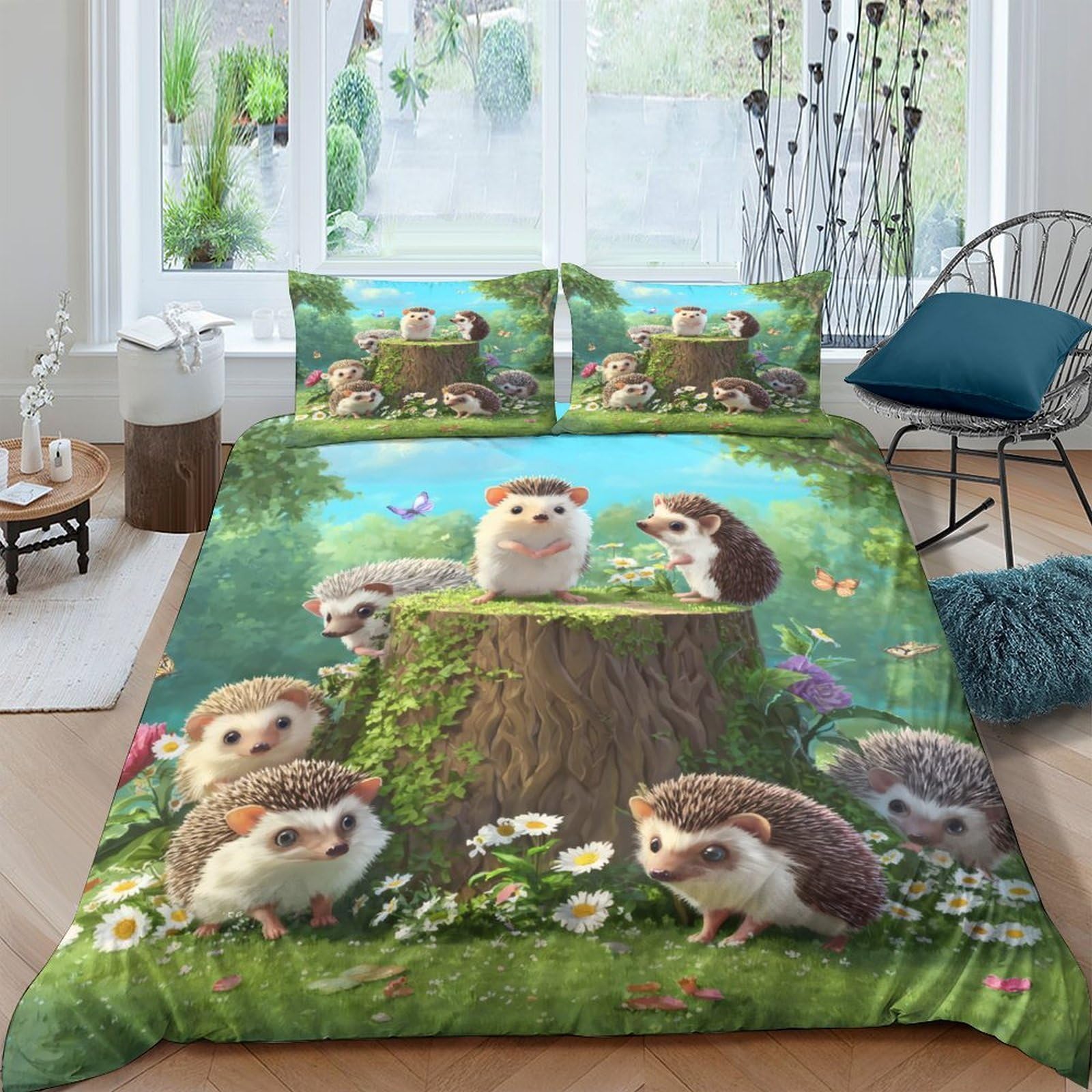 Ctjqhvkz Style-1 3D Printed Hedgehog Forest Fitted Sheet Microfiber Soft Green Nature Mattress Cover For Bedroom Guest Room Home Decor Single（135X200cm）