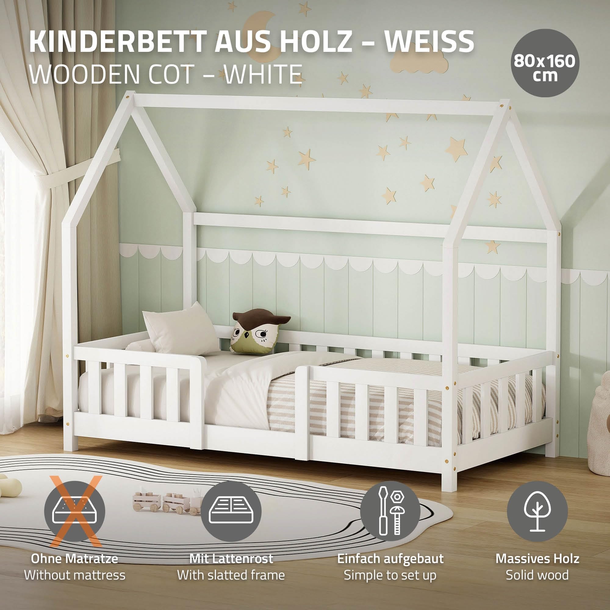 ML-Design Kinderbett Hausbett 80x160 cm mit Rausfallschutz, Dach & Lattenrost, Weiß, Bettgestell aus massivem Kiefernholz, Montessori Bodenbett, Holzbett für Mädchen & Jungen, Jugendbett, Einzelbett