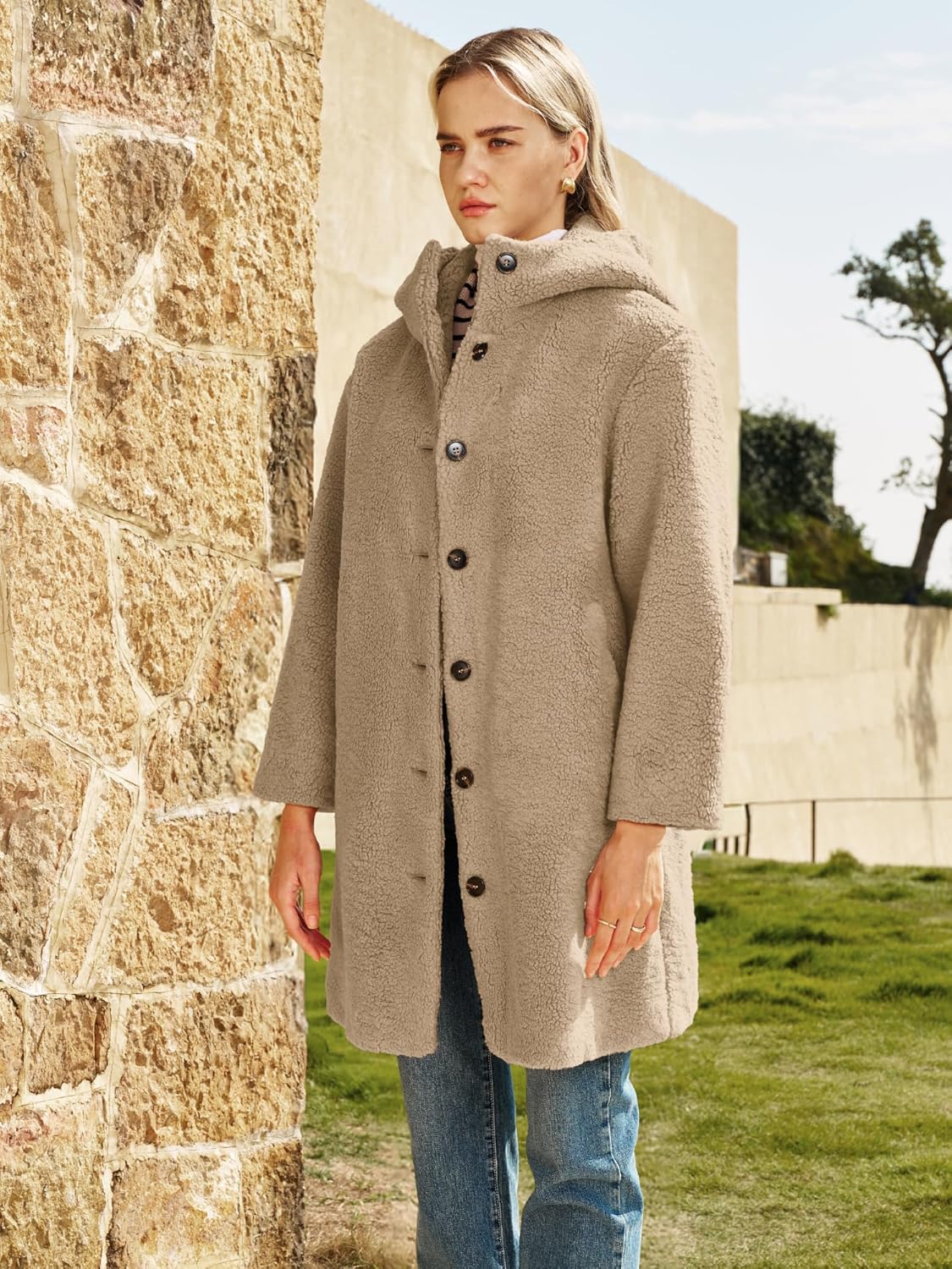 ELLEVEN Winter Faux Fur Pea Coat for Women,Sherpa Wool Fuzzy Fleece Long Warm Teddy Coats Jacket with Hoodie - Image 4