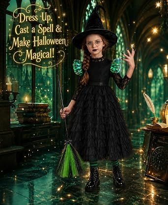 Girls Halloween Costume, Witch Costume for Girls, Black Witch Dress with Broom, Hat, Gloves for Cosplay, 4-12 Years