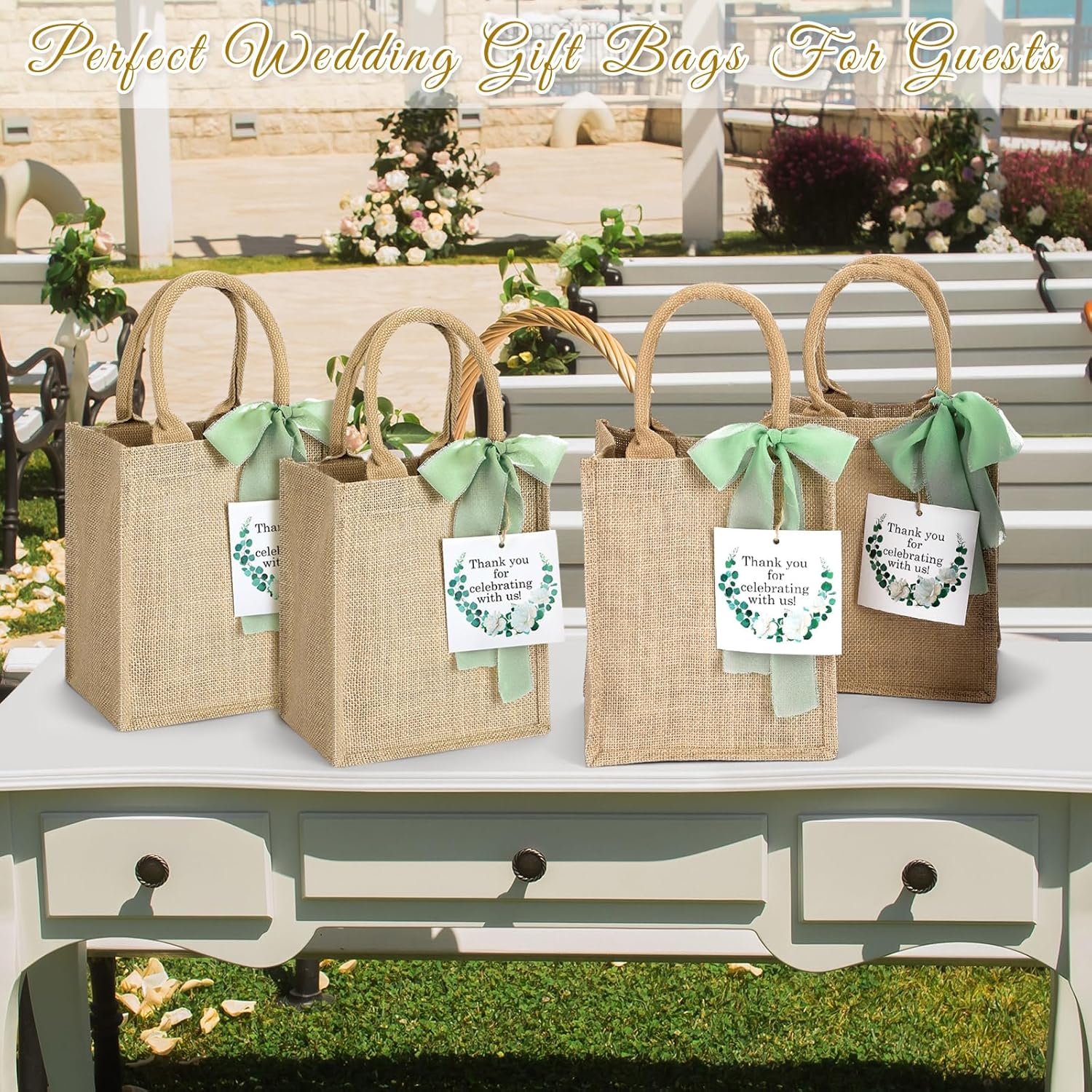 20 Pack Burlap Tote Gift Bags with Handles for Bridesmaid Bachelorette Wedding, 7.9 x 9.8 x 5.9 Inches Buk Reusable Jute Welcome Proposal Bags Baby Shower Wedding Party Supplies(Sage Green)