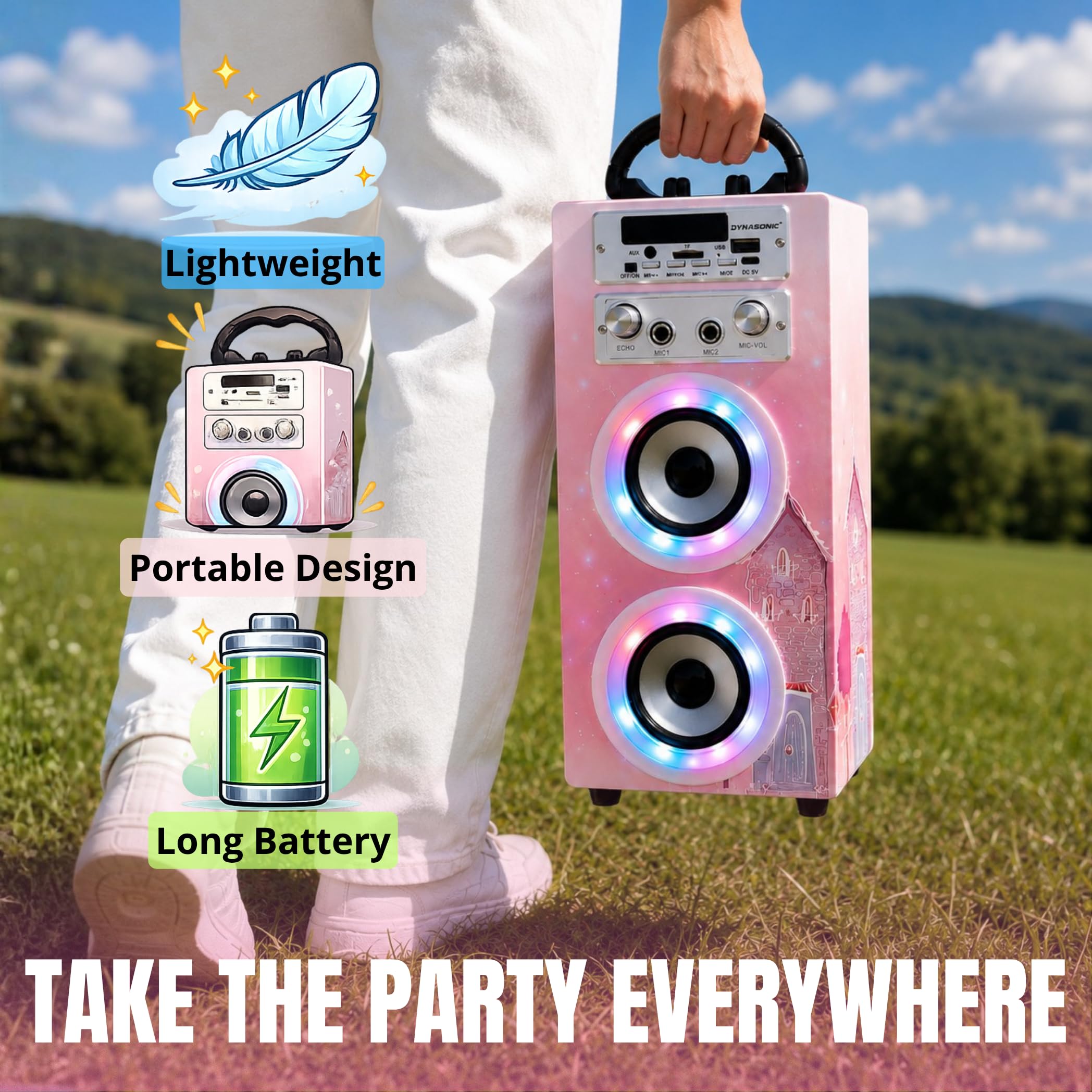 Dynasonic Karaoke Altavoz Bluetooth Portatil, 2 Micrófonos, USB/SD/AUX, Luces LED, Batería Recargable. Regalo para niños, comunión, cumpleaños y Fiestas