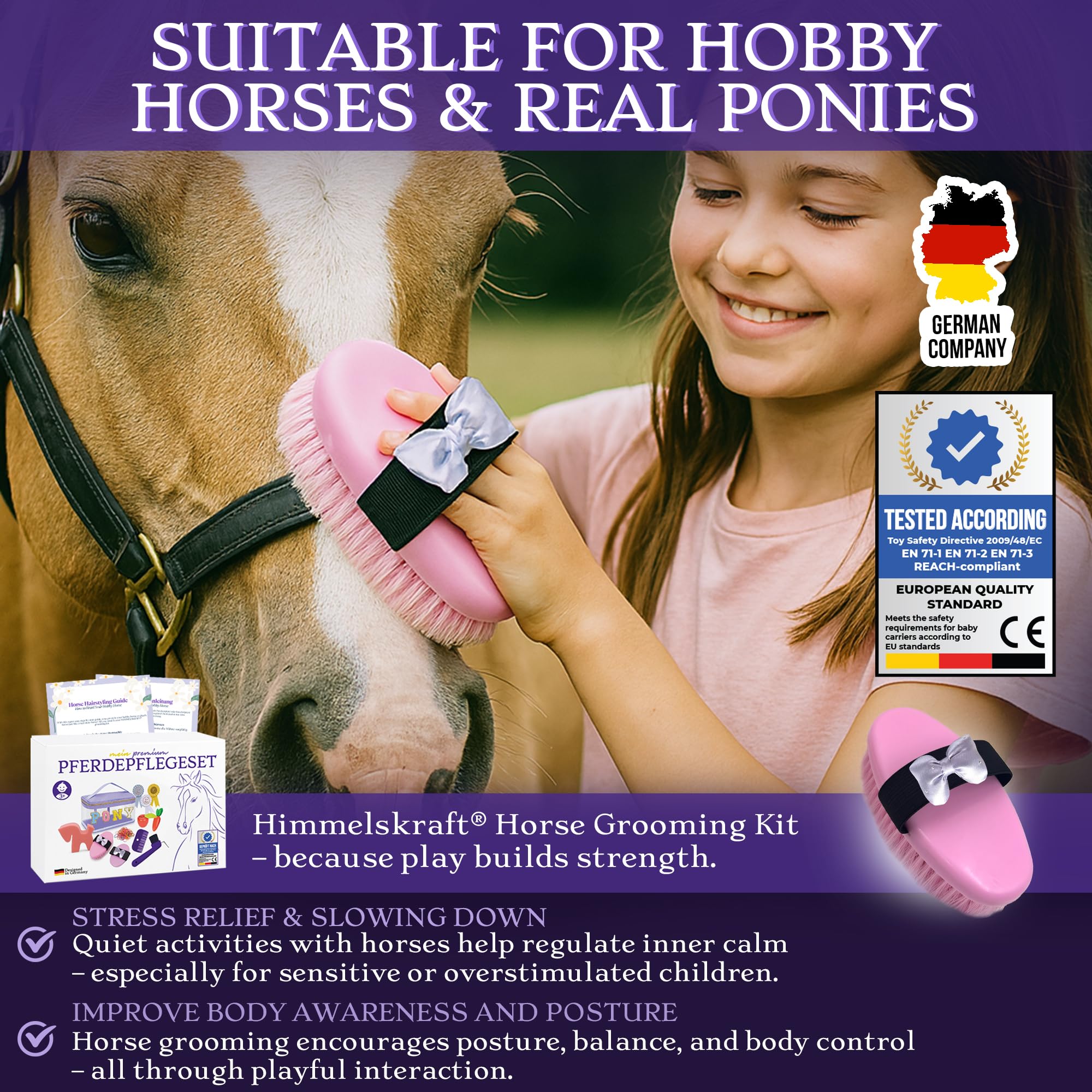 Akcesoria do hobby horse – prawdziwy zestaw do pielęgnacji koni i torebka do szczotkowania dla dzieci – z szczotkami, drapaczem do kopyt, kokardkami – prezent dla dziewczynek