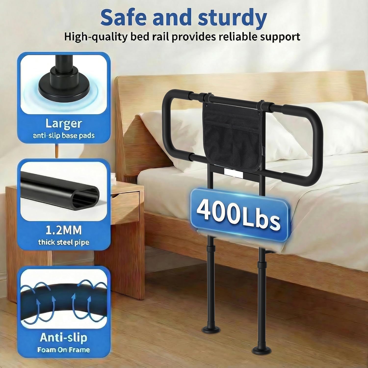 Bed Rails for Elderly Adults Safety with Motion Sensor Light, Heavy Duty Bed Rails for Seniors to Prevent Falling Out of Bed - Bed Side Rails, Height Adjustable Fits King/Queen/Twin, 400lbs Capacity