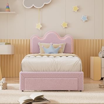Twin Upholstered LED Bed Frame with Storage Drawers Girls Bed with Flower Headboard Boucle Princess Platform Bed Frame for Kids/Girls Strong Wood Slat Support,No Box Spring Needed,Easy Assembly