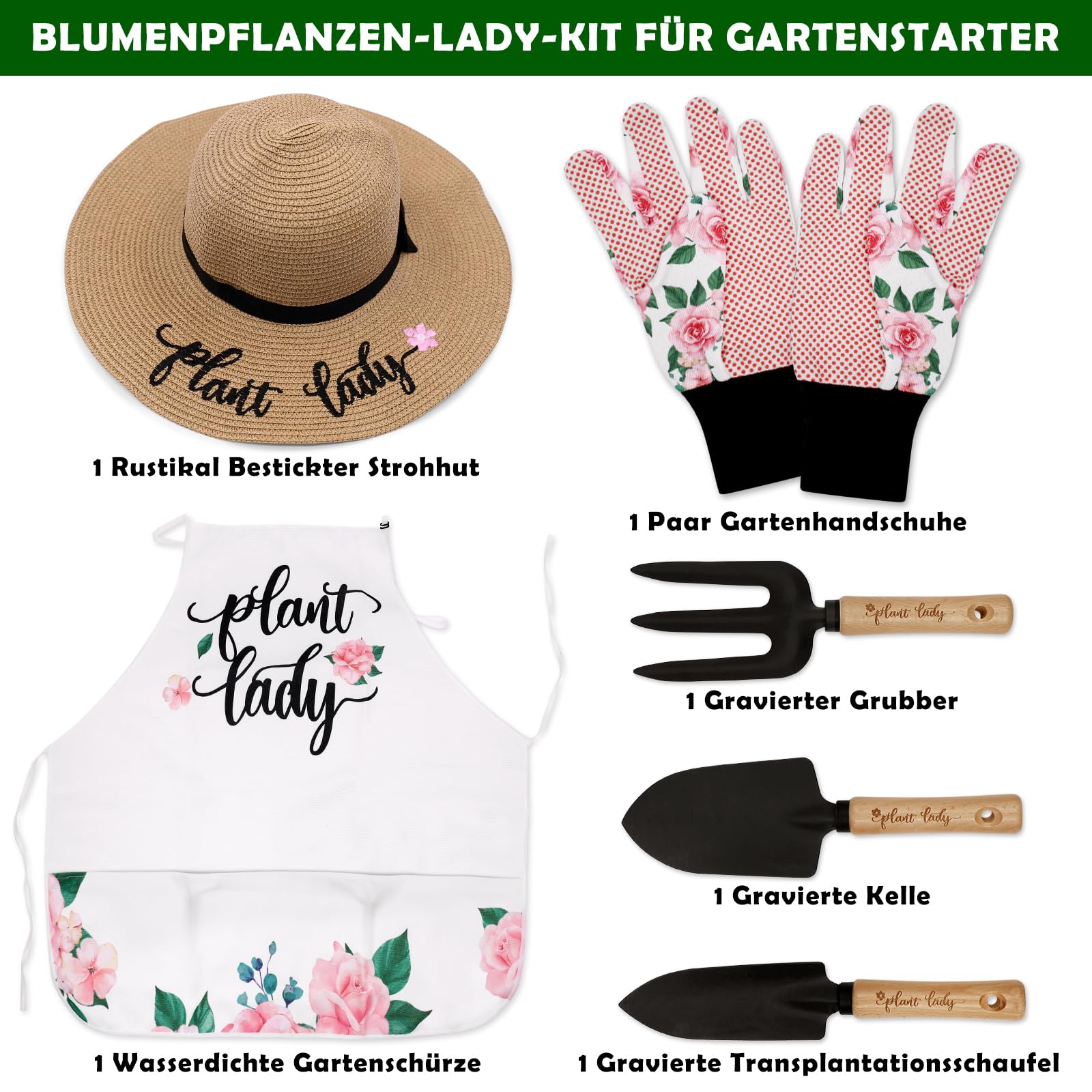 Kit di attrezzi da giardino con attrezzi per piantare, cappello di paglia, grembiule da fiori, guanti, cestino regalo per mamma, zia, nonna, primavera, giardino, scavare, orticoltura, set da 6