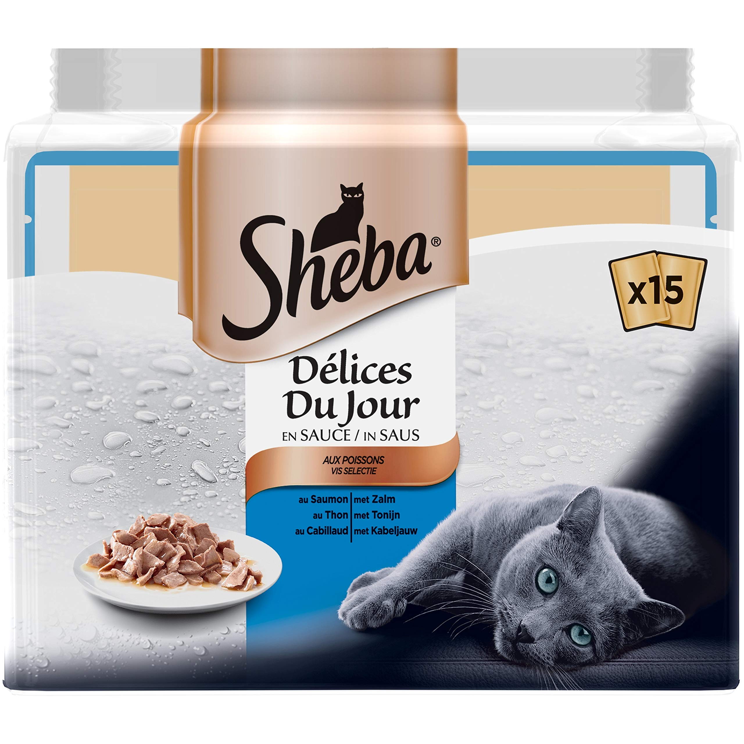 SHEBA Delicias del Día Bolsas de frescura en Salsa de Pescado para Gato, 15 x 50 g