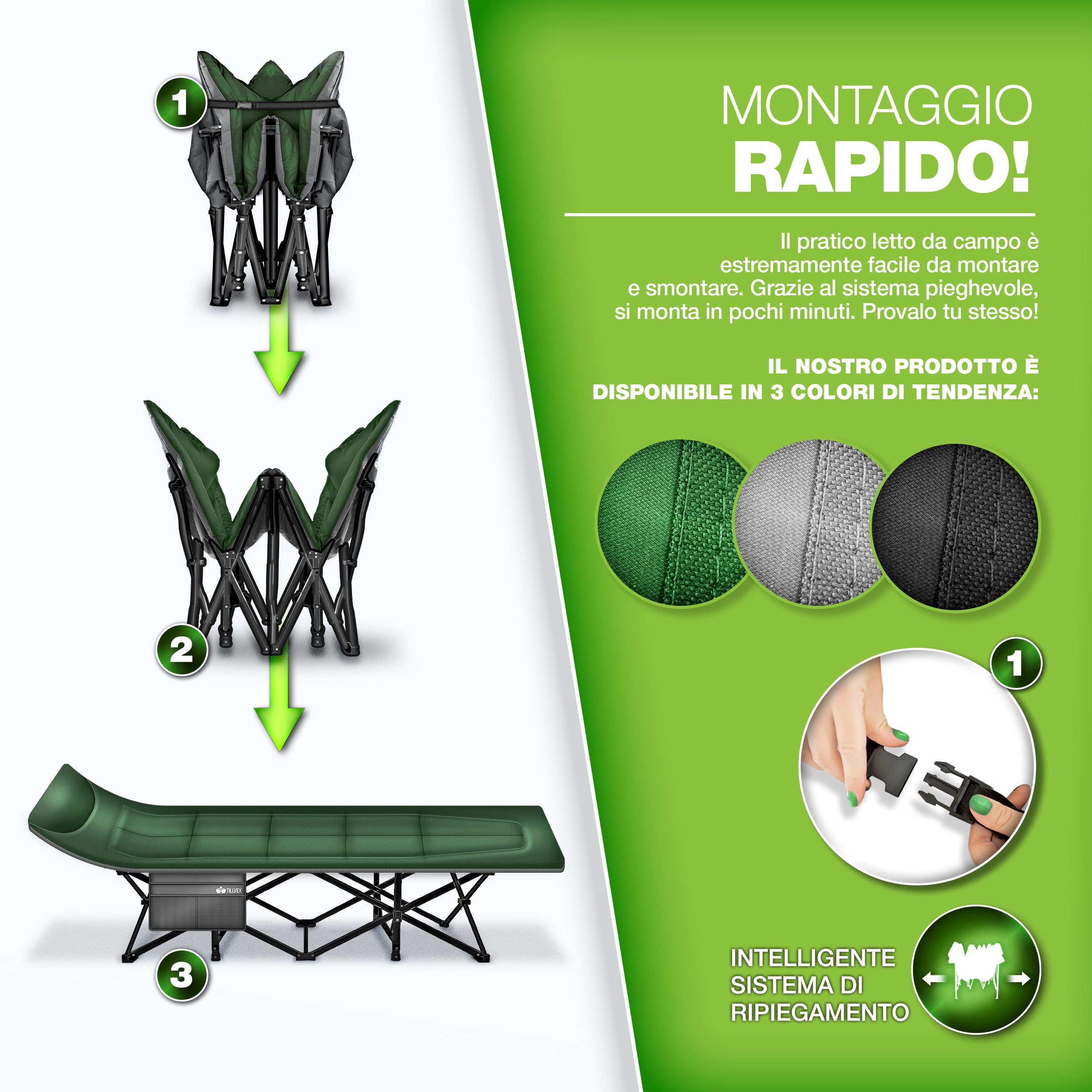 tillvex® Letto da campeggio pieghevole con borsa per il trasporto fino a 200 kg | Lettino da campeggio extra largo | Lettino da campeggio per interni ed esterni | Letto pieghevole per gli ospiti