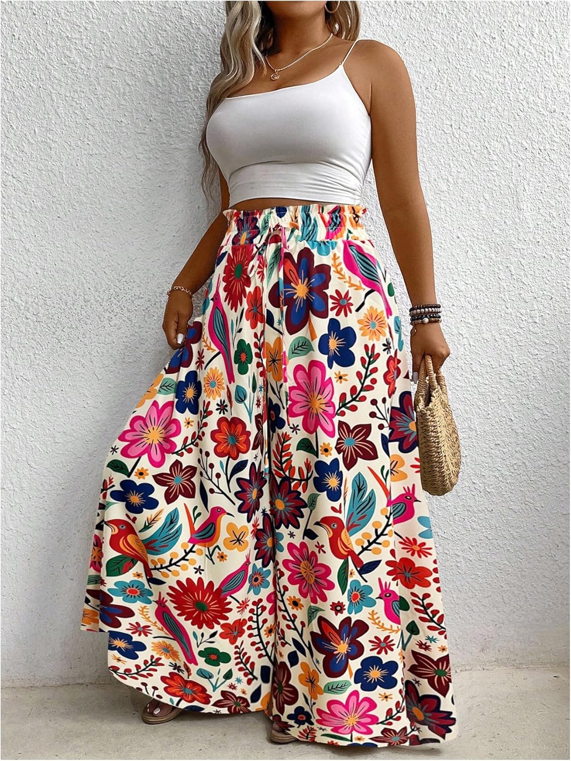 Women's Plus Size Palazzo Pants Boho Floral Baggy Pant Flowy Elastic High Waist Wide Leg Vacation Long Trousers - Image 4