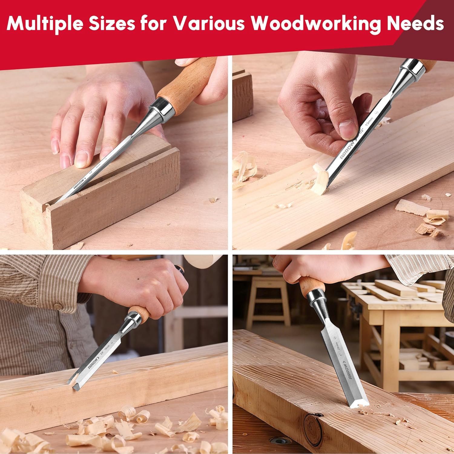 ARROW Wood Chisel Set, 4PCS CR-V Steel Chisel Tools with Beveled Edge and Ergonomic Beech Wood Handle, Carpenter Wood Carving Tools for Woodworking and DIY Enthusiasts(1/4", 1/2", 3/4", 1")