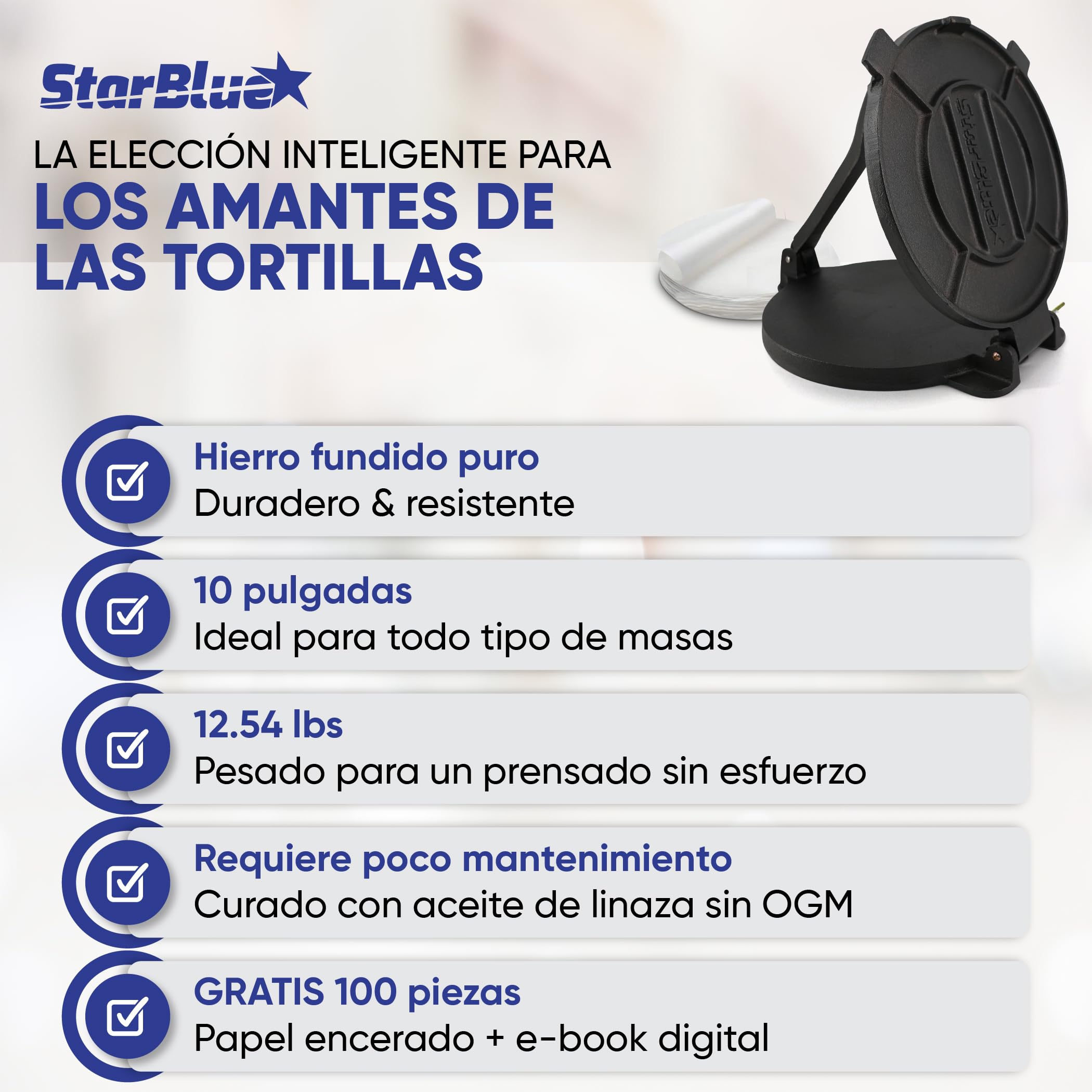 StarBlue - Prensa Para Tortillas En Hierro, 25 Cm De Diámetro, 100 Piezas De Papel Engrasado Y Libro Electrónico De Recetas, Ideal Para Hacer Chapatis, Tortillas Y Rotis Indios