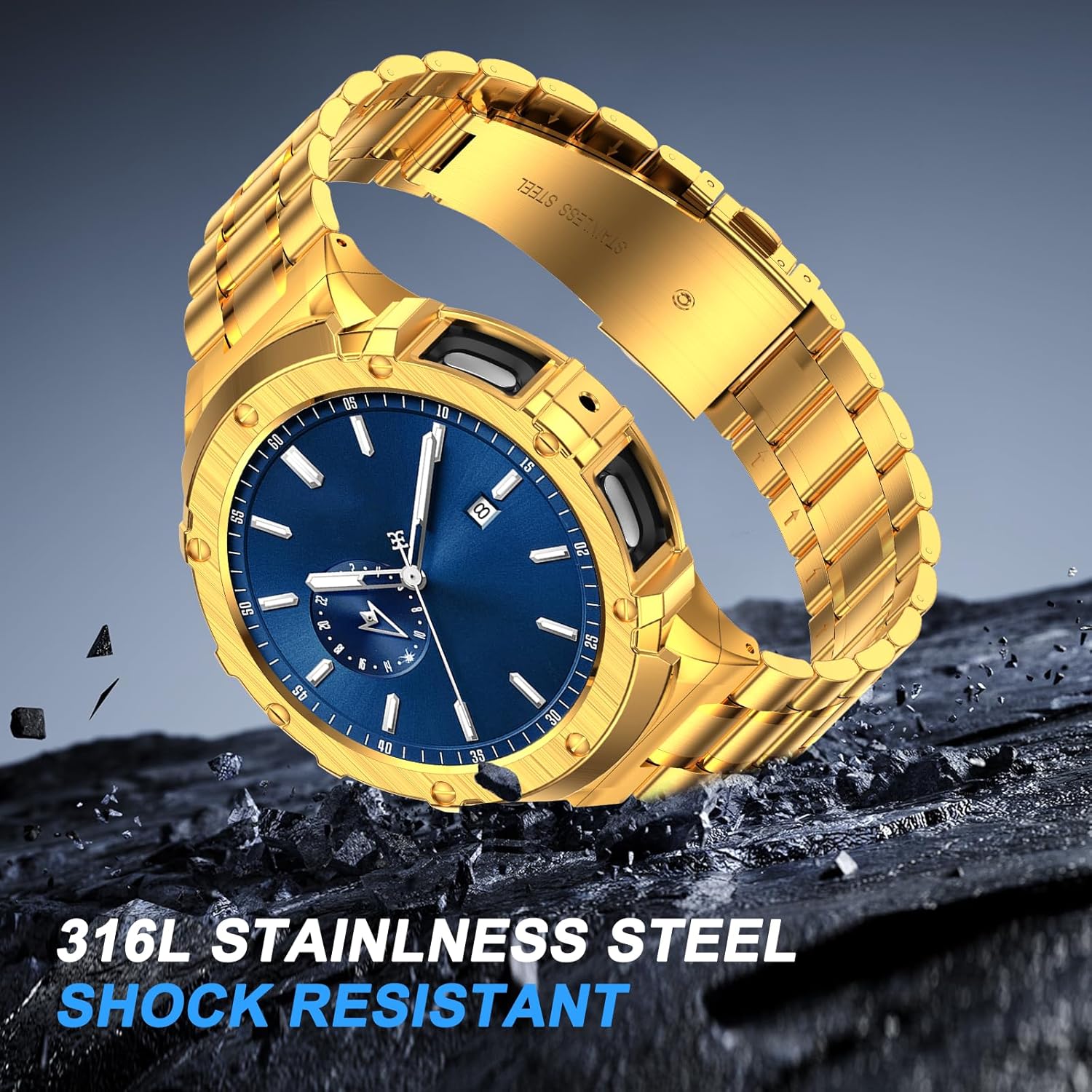 BAITEYOU Stainless Steel Bands with Case Compatible with Samsung Galaxy Watch 7 44mm, Rugged Protective Case Cover and Metal Band for Samsung Galaxy Watch 7 44mm for Men (Gold)