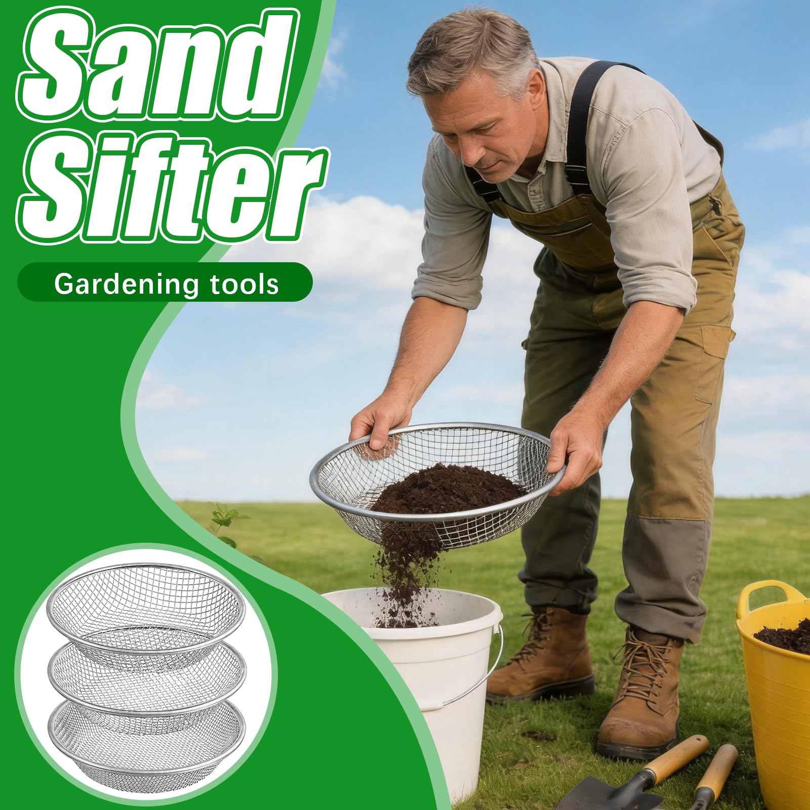 Tamiz De Jardín Para Tierra, 3PCS 30cm Tamiz Redondo Robusto De Acero Inoxidable Tamiz Para Plantar Con Orificios De 3 6 Y 10 mm Para Compost Piedras Tierra Arena Semillas Malas Hierbas Y Grava