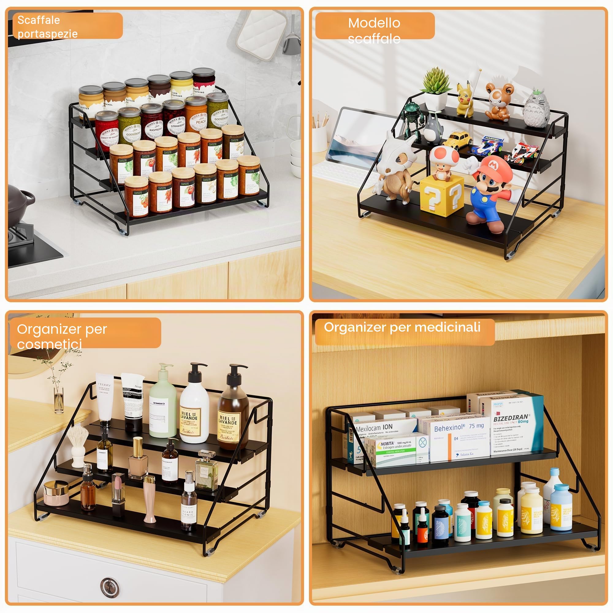 Gucass Porta Spezie per Cucina, Portaspezie in Metallo Salvaspazio A 4 Livelli, Portaspezie da Appoggio Regolabile Supporto Porta, Spezie Organizer per Cucina Bancone Armadio, Nero