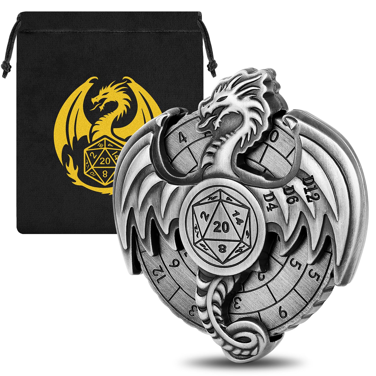 DND Dragon Metal D&D Dice Spinner - 7-in-1 Fingertip Gyro Roulette With Logo Gift Bag - Role Playing Board Game Accessories, Silver