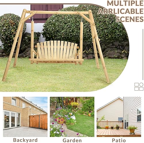 Miniatura 6 de Columpio de Porche de Tronco de Madera de 2 Asientos con Soporte, Banco Silla de Madera Dura Rústica, Respaldo Curvado, para Patio Exterior, Jardín,