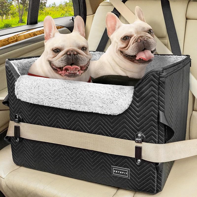 PETSFIT Dog Car Booster Seat Medium Dog Car Seat with 2 Clip-On Safety Leashes, Patented Buckles, Dog Booster Seat for Pets (Black Leather, M)