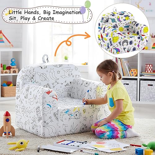 Miniatura 80 de Tiita Silla para niños, cómodo sofá plegable para niños, sofá ligero para niños con asa de transporte y bolsillos laterales, reposabrazos de espuma