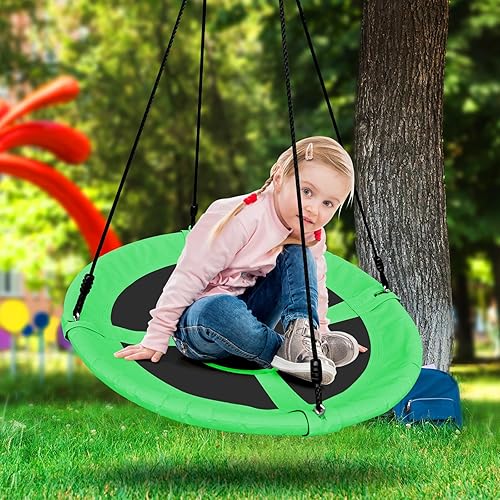 Miniatura 6 de Columpio de platillo para niños, columpio de árbol al aire libre de 40 pulgadas con capacidad de peso de 660 libras, tela impermeable Oxford 900D y