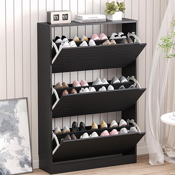Shoe Storage Cabinet with 3 Flip Drawers,Narrow Shoe Rack Cabinet,Freestanding Organizer Storage for Entryway, Hallway, Black
