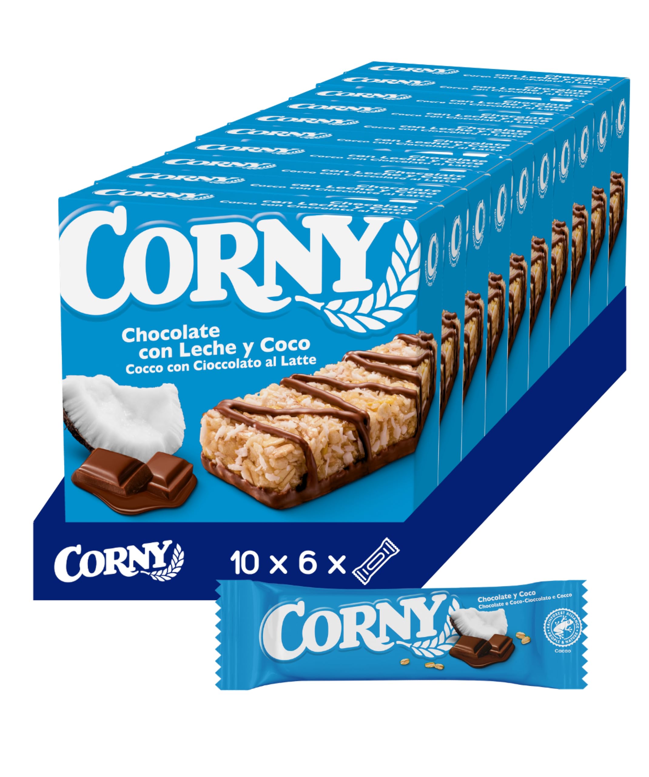 Corny - Barritas de Cereales con Chocolate y Coco. 10 estuches con 6 barritas 10x(6x25g)