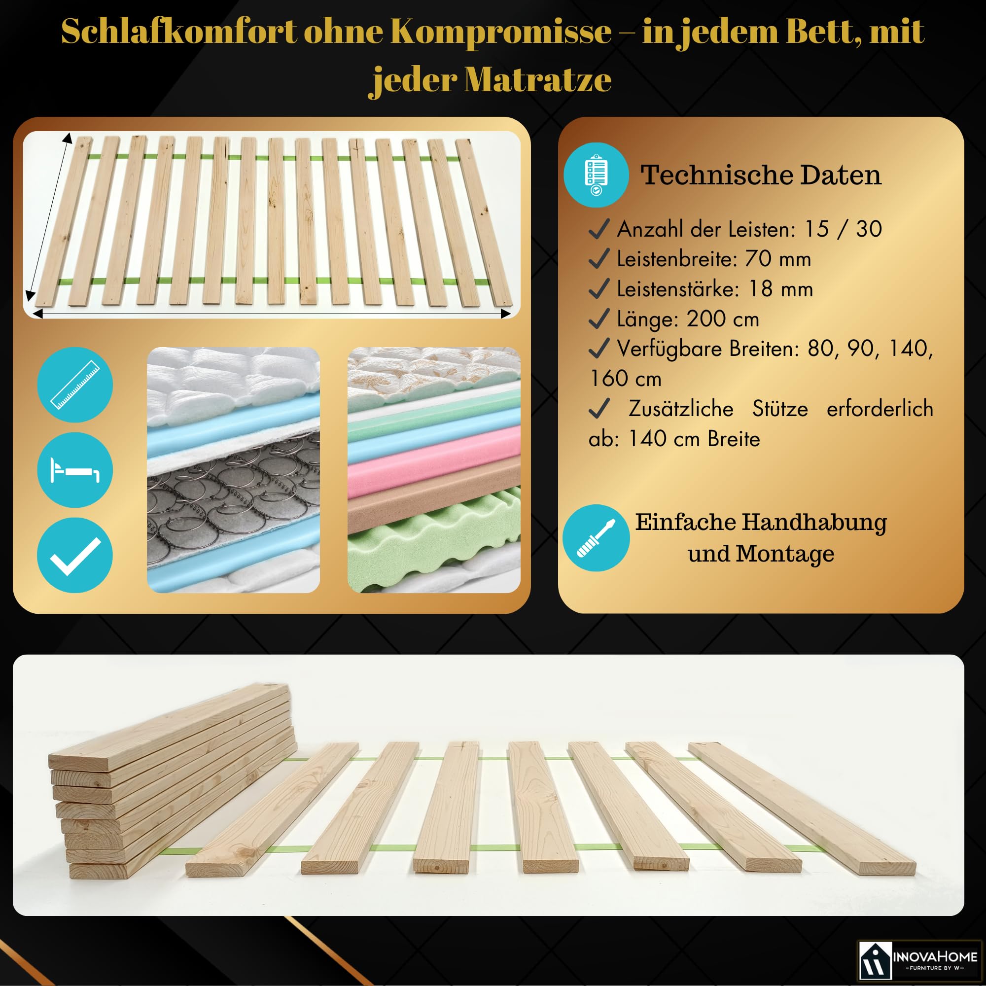 INNOVAHOME Standard Rollrost 140x200 - Zweiteiliger Kiefernholz Lattenrost