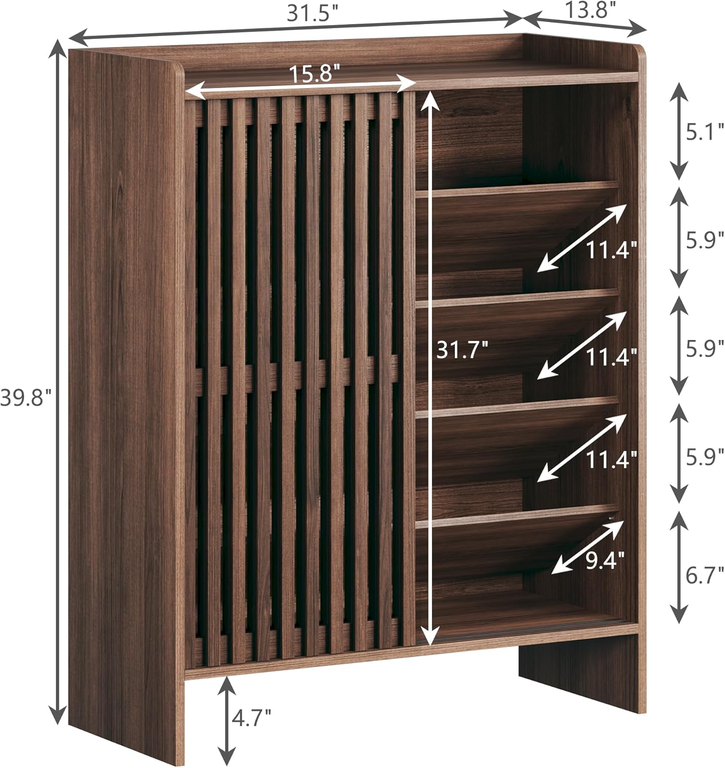 Shoe Cabinet with Sliding Slatted Doors, 5-Tier Shoe Storage Cabinet with Adjustable Shelf, Modern Wooden Shoe Organizer Cabinet for Entryway, Hallway, Living Room, Walnut