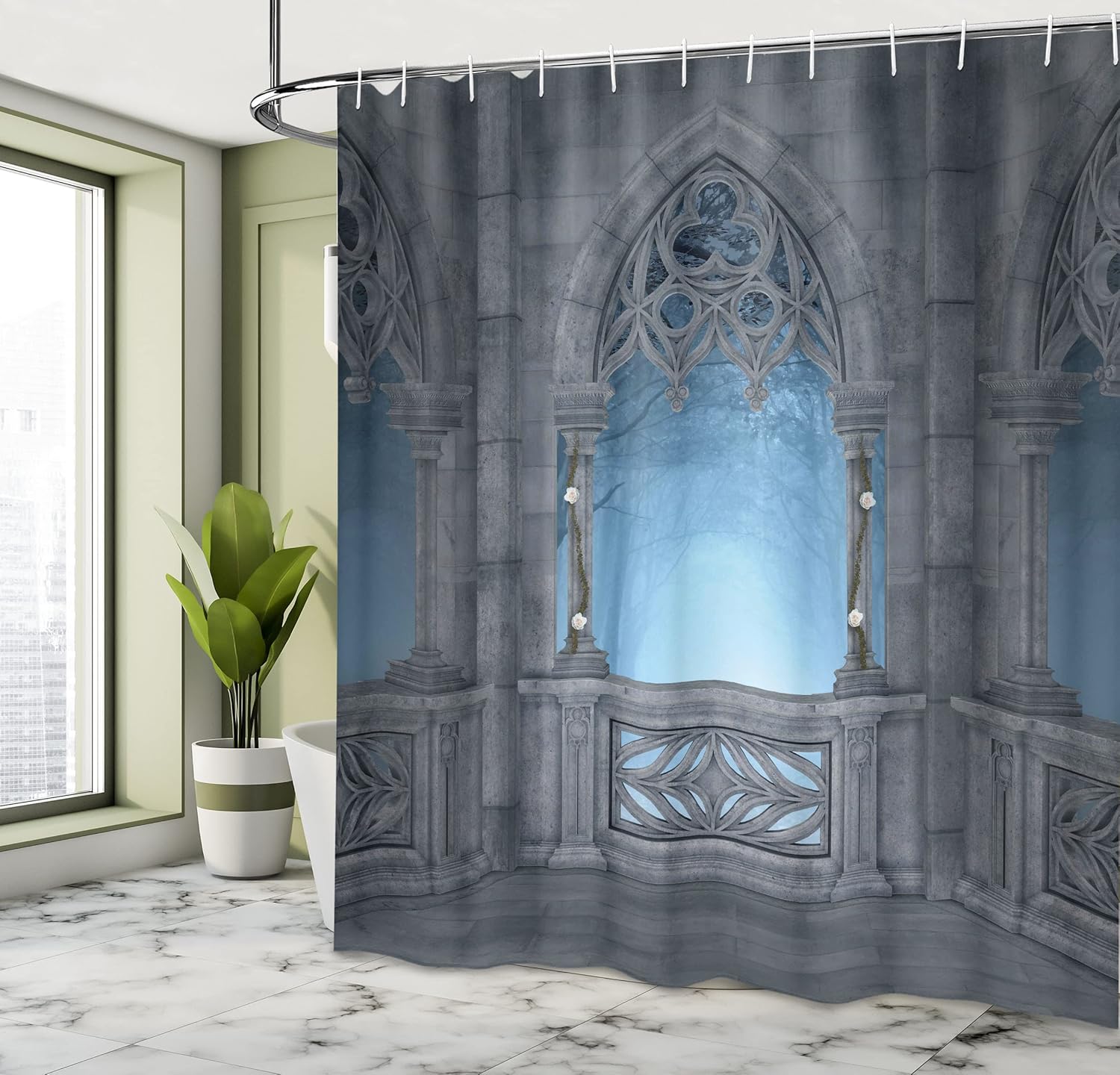 Ambesonne Cartoon Shower Curtain, Fantasy World Castle Architecture Details Terrace Gazebo Indoor Foggy Forest, Cloth Fabric Bathroom Decor Set with Hooks, 69" W x 84" L, Grey Pale Blue