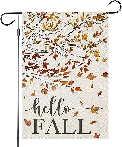 Miniatura 1 de Banderas de jardín con texto en inglés Hello Fall para decoración exterior, árbol de hojas de arce de Acción de Gracias, bandera de patio pequeño,