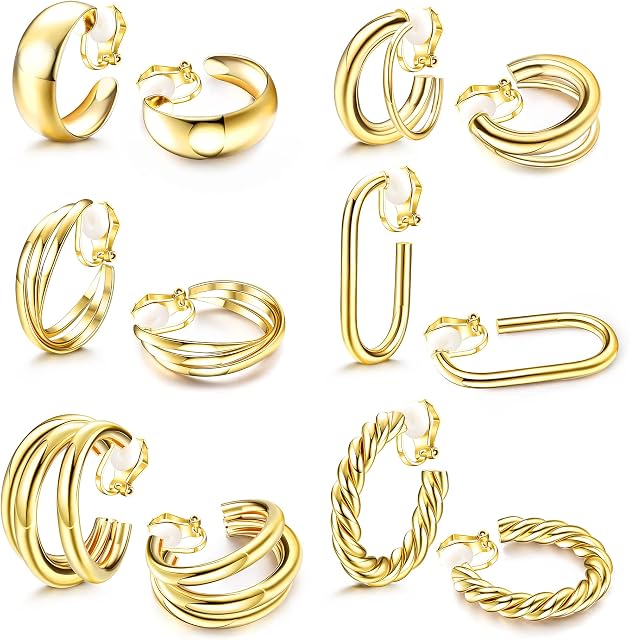 CASSIECA 6 Pairs Clip On Earrings Set for Women Fashion Clip On Earrings Gold Clip On Hoop Earrings Chunky Twist Triple Square Hoop Earrings No Piercing Fake Clip Earrings for Girls