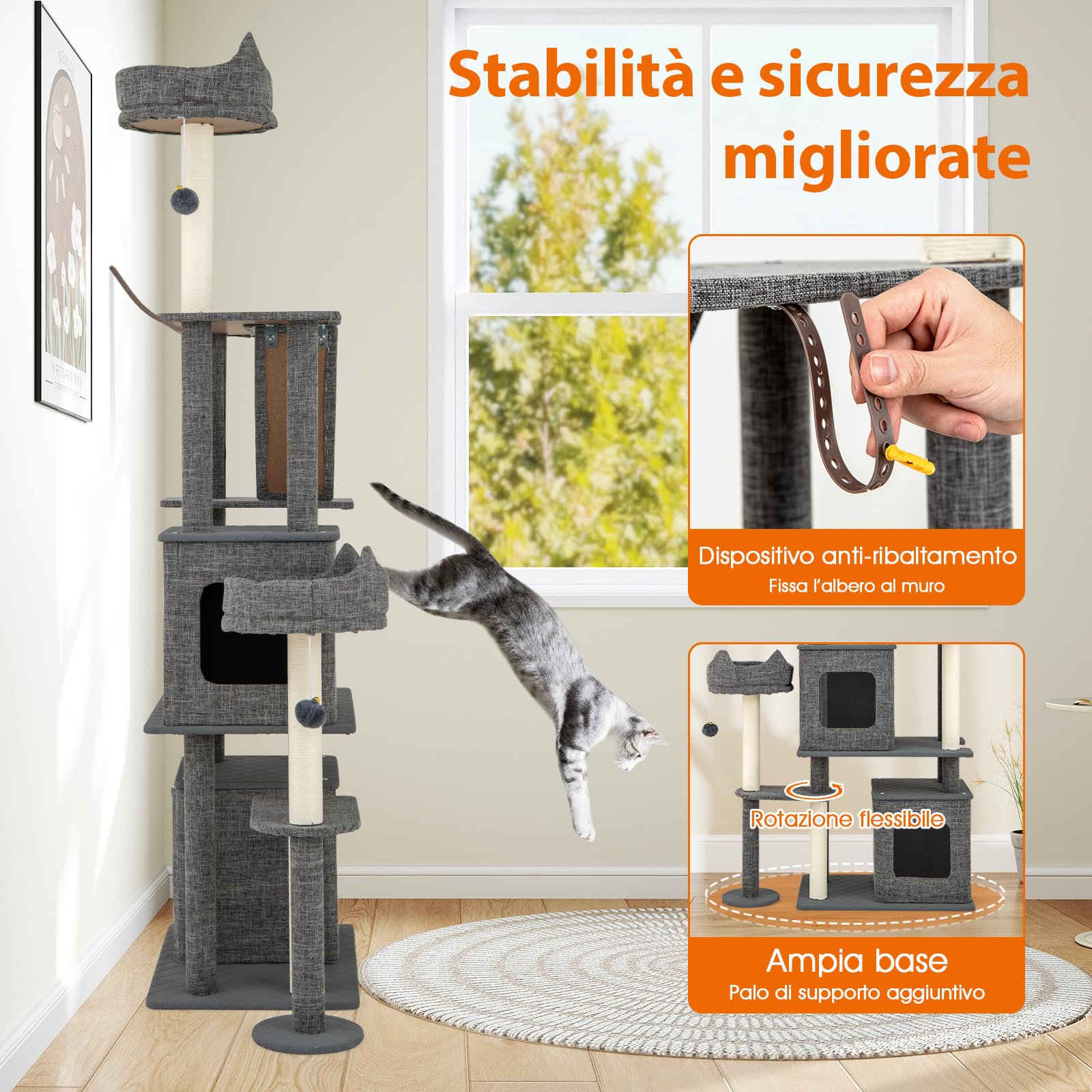 COSTWAY Tiragraffi per Gatto Alto 180 cm, Albero Tiragraffi Gatto con 8 Piattaforme, 4 Pali Sisal e 2 Palline Pompon, Torre Tiragraffi per Gatti con 2 Condomini Rimovibili, Grigio