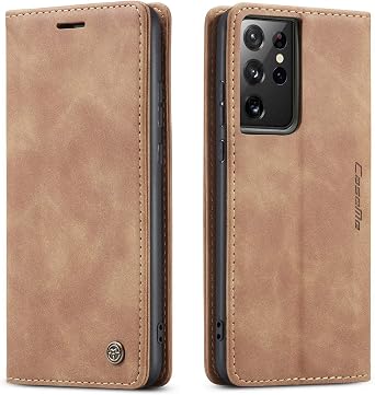 حافظة Kowauri Flip لهاتف Galaxy S21 Ultra - محفظة جلدية مع فتحة للبطاقات وإغلاق مغناطيسي لهاتف Samsung Galaxy S21 Ultra 5G باللون البني